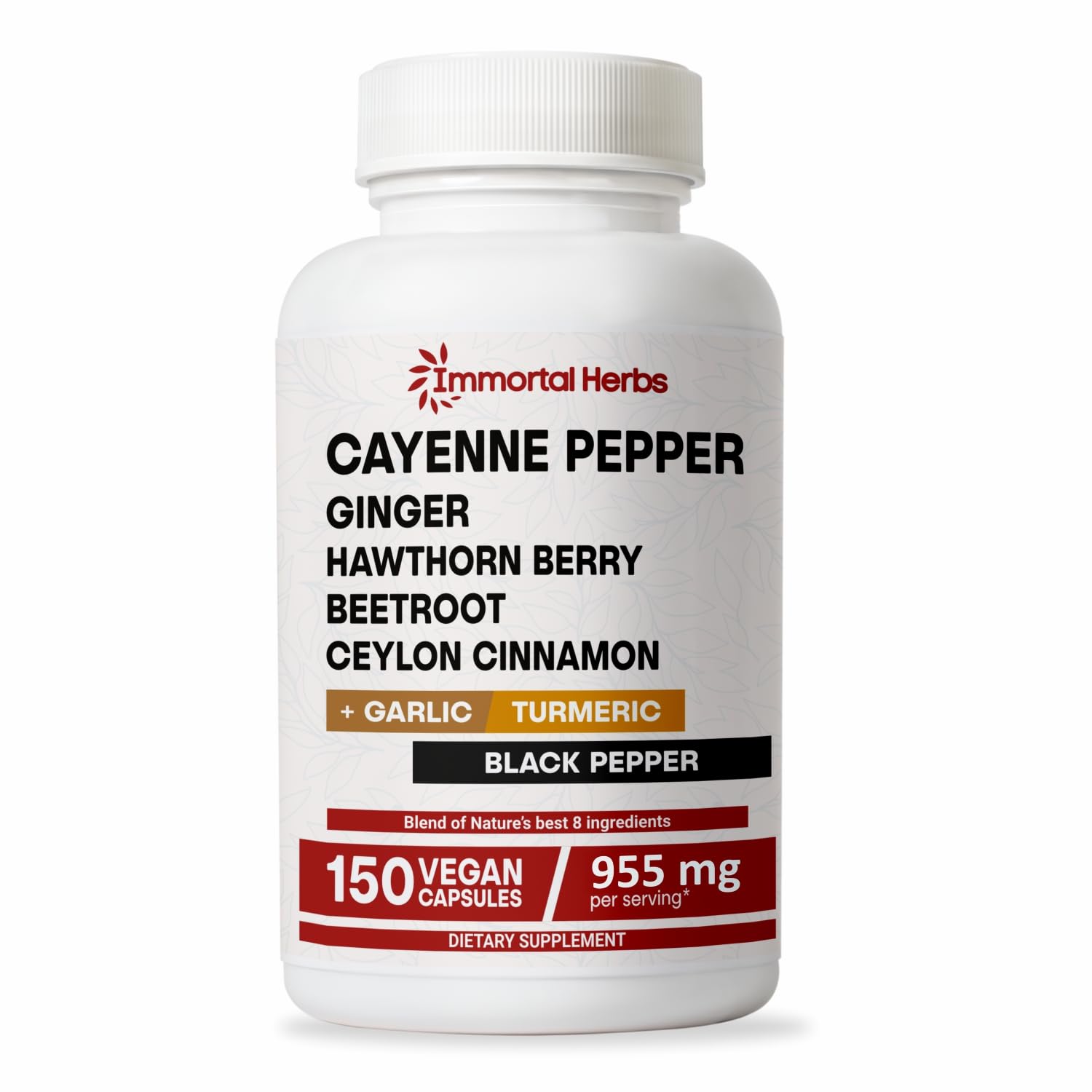 Cayenne Pepper Capsules with Garlic, Ginger, Hawthorn, Turmeric, Cinnamon, Beet Root & Black Pepper Extract - 150 Count, Non-GMO, Gluten Free Capsaicin Supplement for Heart Health & Metabolism Boost