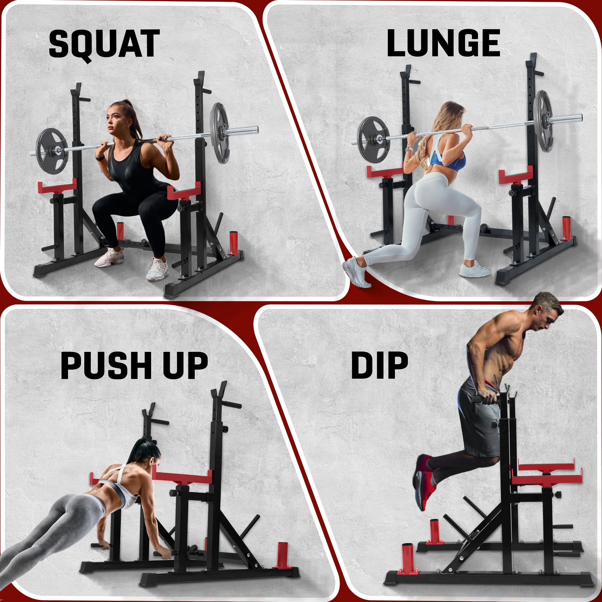 Yes4All Adjustable Squat Rack for Home Gym - 600LBS Capacity Barbell Stand with Weight Plate Storage, Multi-Function Power Rack for Bench Press, Weight Lifting & Dip Bar Workouts - Perfect for Garage Gym & Strength Training