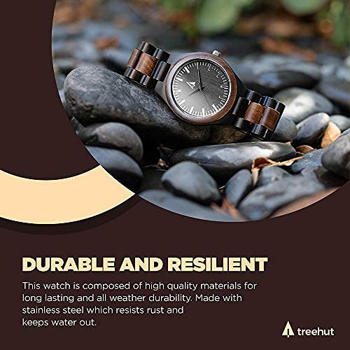 Treehut Ebony Wood Watches for Men - Japanese Quartz Analog Watch with Adjustable Stainless Steel Clasp & Wooden Buckle - Stylish Wooden Wristwatch for Men & Women - Perfect for Outdoor, Office & Casual Wear