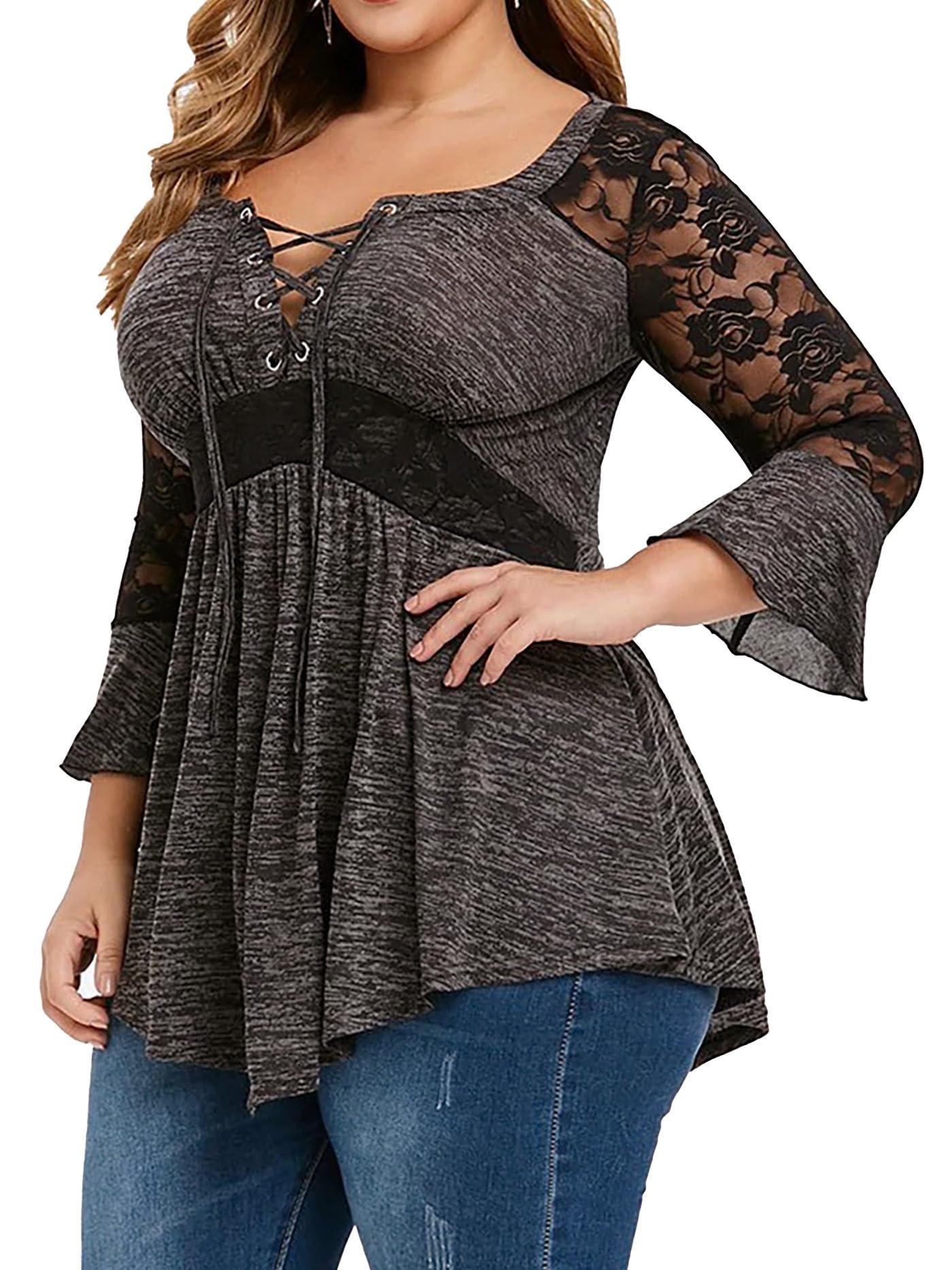 Women's Plus Size Gothic Corset Top - Lace Up Ribbed Casual T-Shirt for Women | Perfect for Halloween, Cosplay & Gothic Fashion Outfits