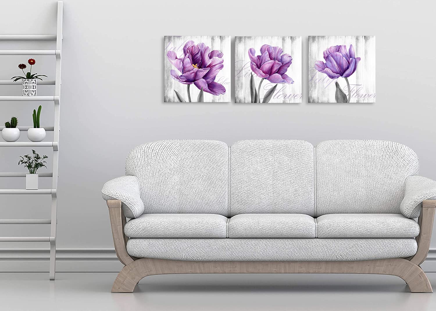 Purple Gray Floral Wall Art Set - 3 Piece Lilac Tulip Canvas Paintings for Bedroom & Living Room Decor, Framed Flower Pictures (12x12 Inch) | Perfect for Home, Office & Gift Giving