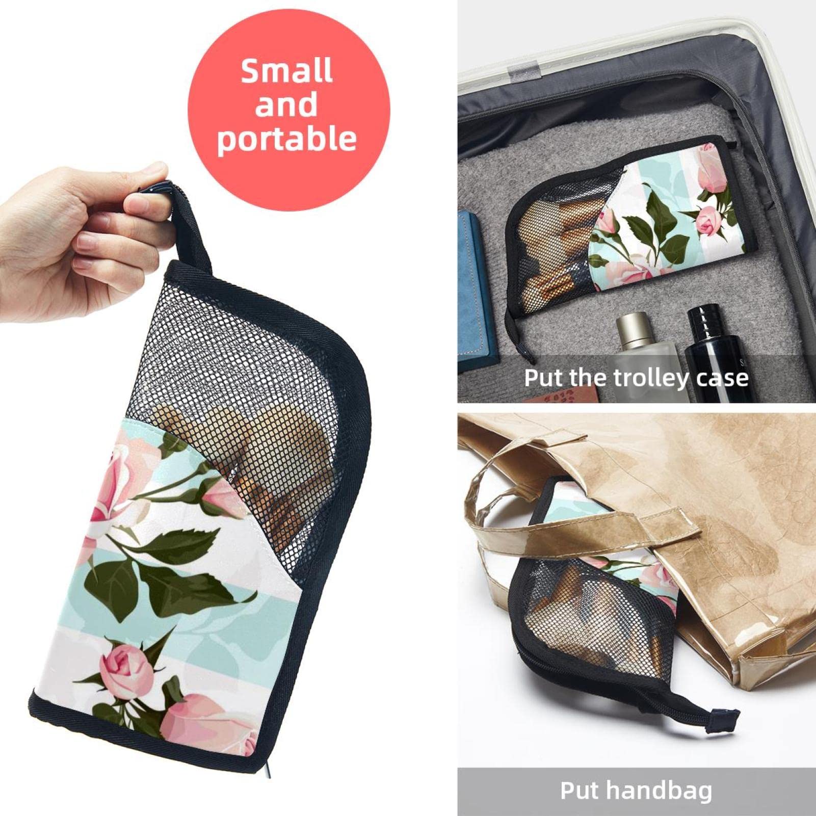 12-Piece Makeup Brush Organizer Bag with Pink Roses & Green Stripes Design - Portable Cosmetic Brush Holder Case for Travel, Home & Professional Makeup Artists