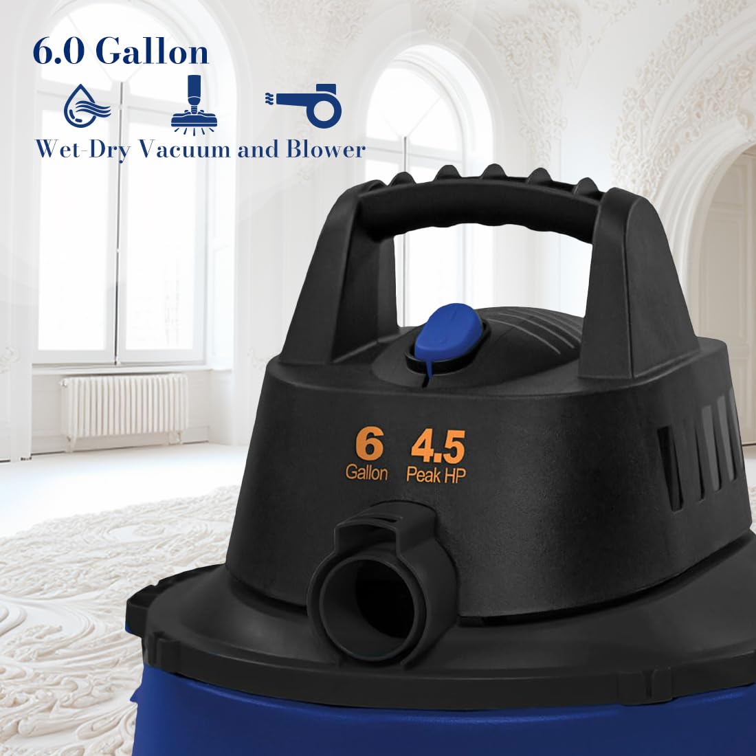 Koblenz WD-6 L212 6 Gallon Portable Wet Dry Vacuum Cleaner - Powerful Black & Blue Shop Vac for Home, Garage, Workshop, and Car Cleaning