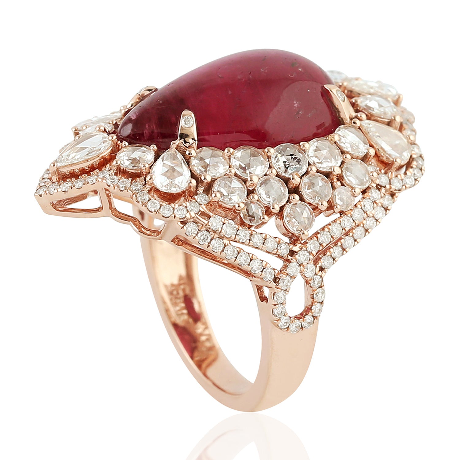 18K Rose Gold Prong Rose Cut Diamond Pear Cut Pink Tourmaline Cocktail Ring for Women - Elegant Party, Wedding, Anniversary & Evening Wear Jewelry Gift