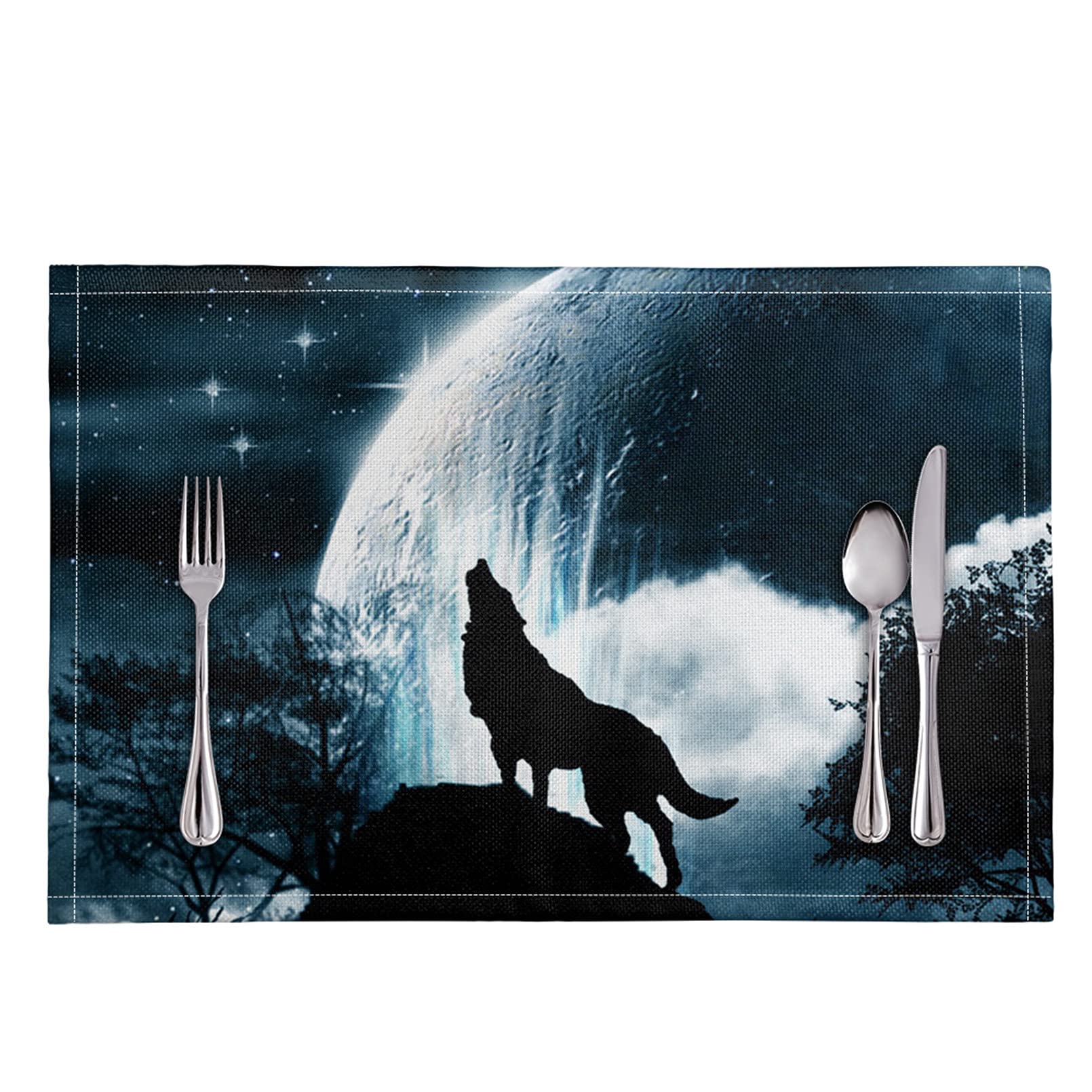 KUILIUPET Washable Vinyl Placemats Set of 4 - Wolf & Moon Design, 17