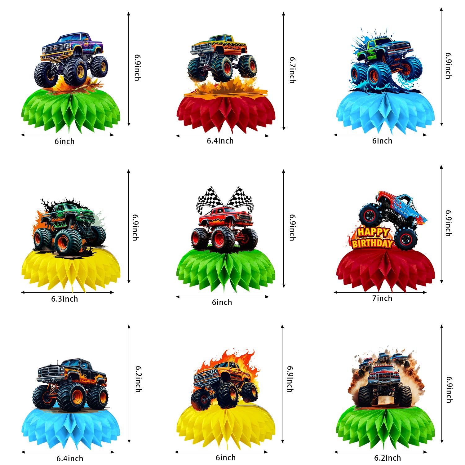 9 Pcs Monster Truck Centerpieces for Birthday Party Decorations - Monster Truck Table Decor, Party Supplies for Kids - Perfect for Themed Parties, Baby Showers & Events