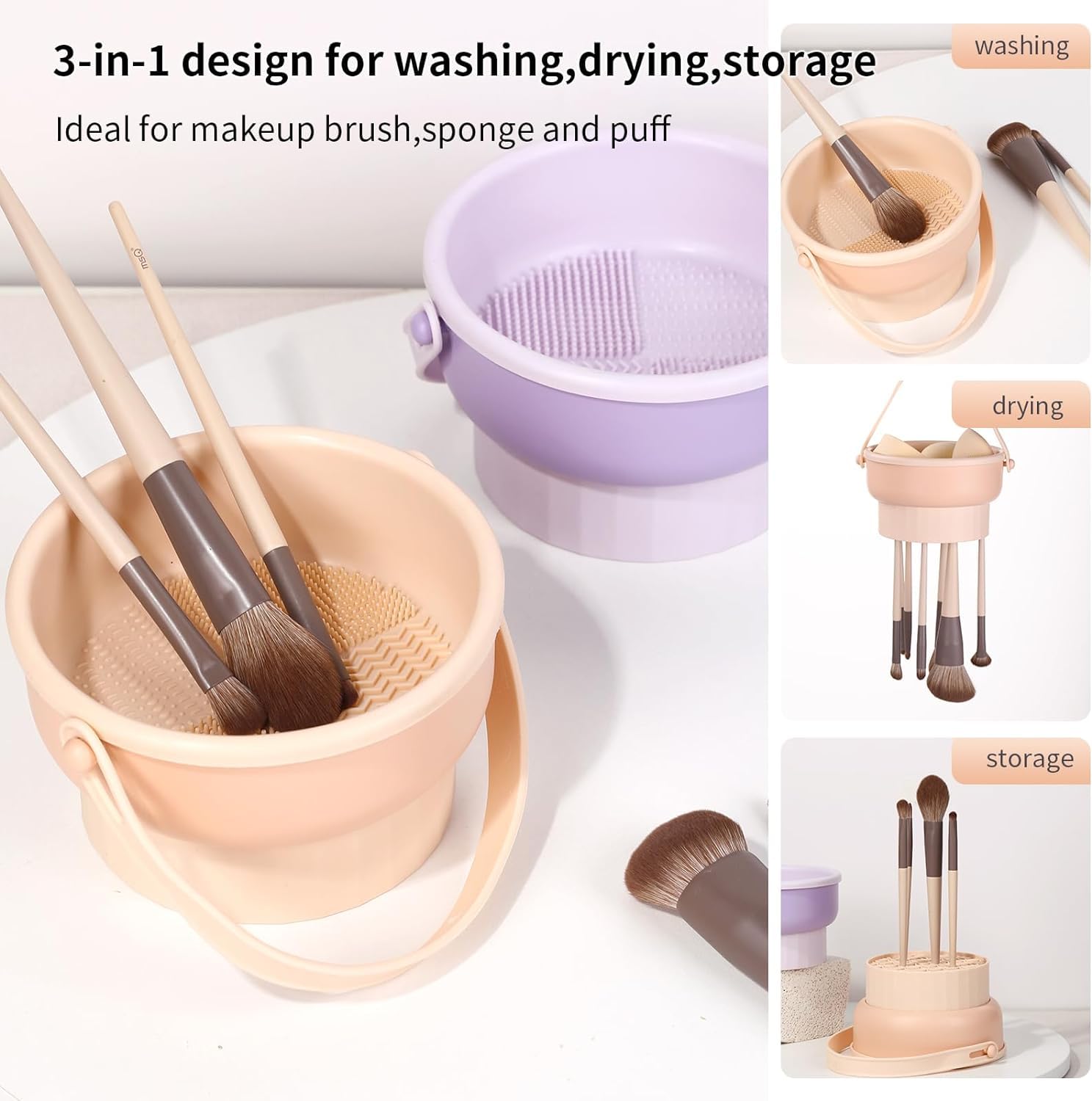 Foldable 3-in-1 Makeup Brush Cleaning Bowl with Handle - Portable Travel Beauty Brush Scrubber, Reusable Cleaner Mat & Dryer Tray | Perfect for Home, Salon & Travel Makeup Brush Care