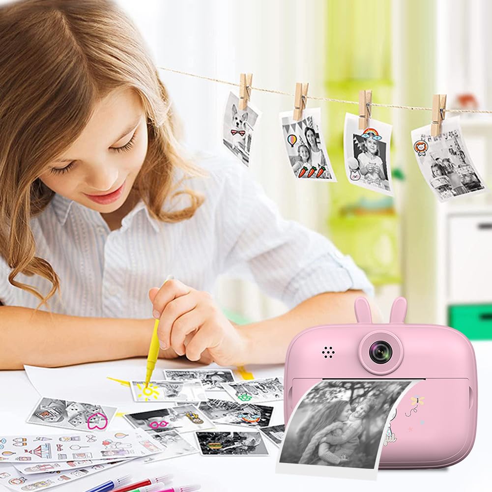 Kexpery Kids Instant Print Camera - Portable Thermal Photo Printer for Children, Cartoon Design, Fun Birthday Gift for Boys & Girls (Pink) | Perfect for Parties, Travel & Creative Play