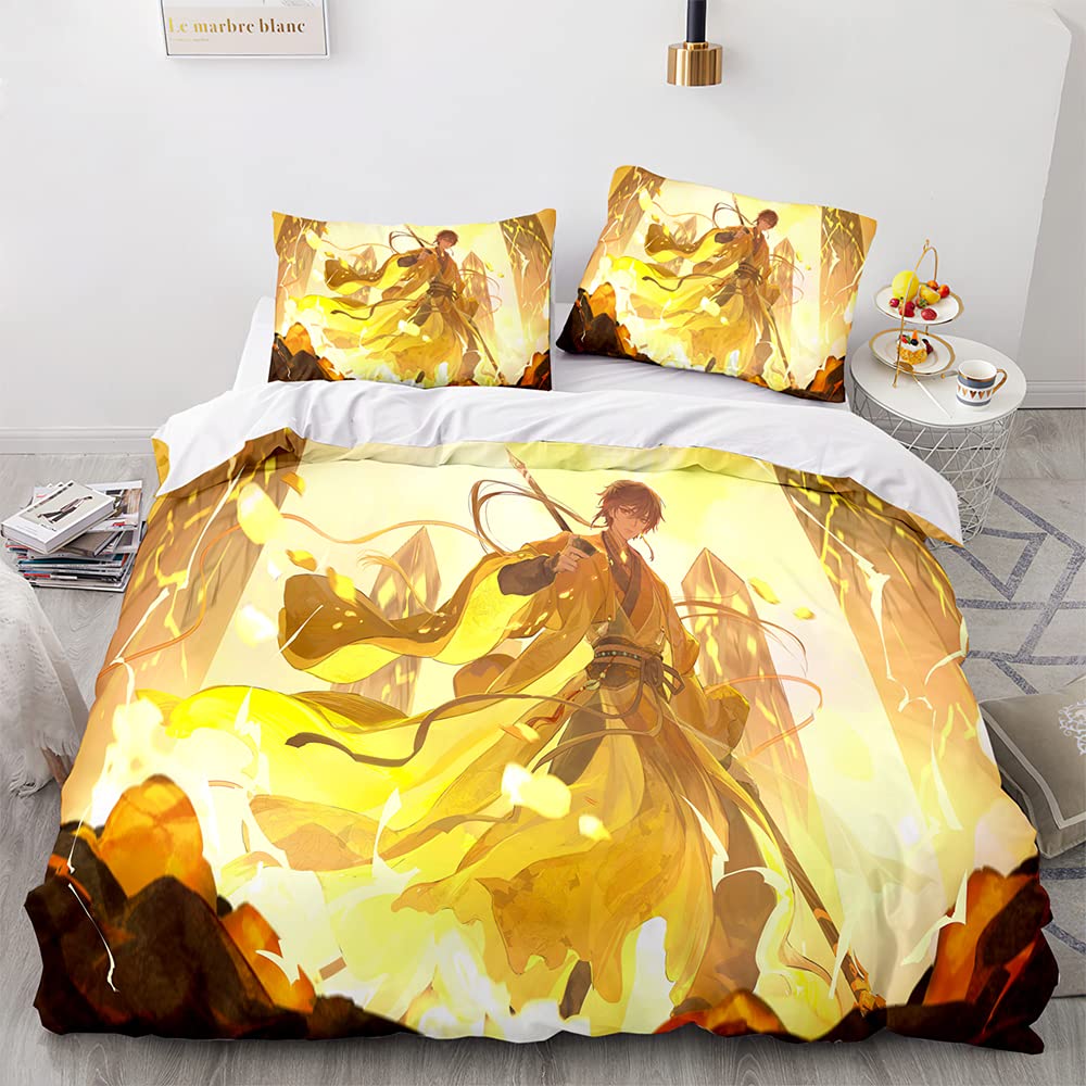 Genshin Impact Zhongli 3-Piece Comforter Set - Twin Size 68x90 Inch Duvet Cover + 2 Pillow Cases (20x30) - Soft Anime Gaming Bedding for Fans | Perfect for Themed Bedrooms & Cosplay Decor