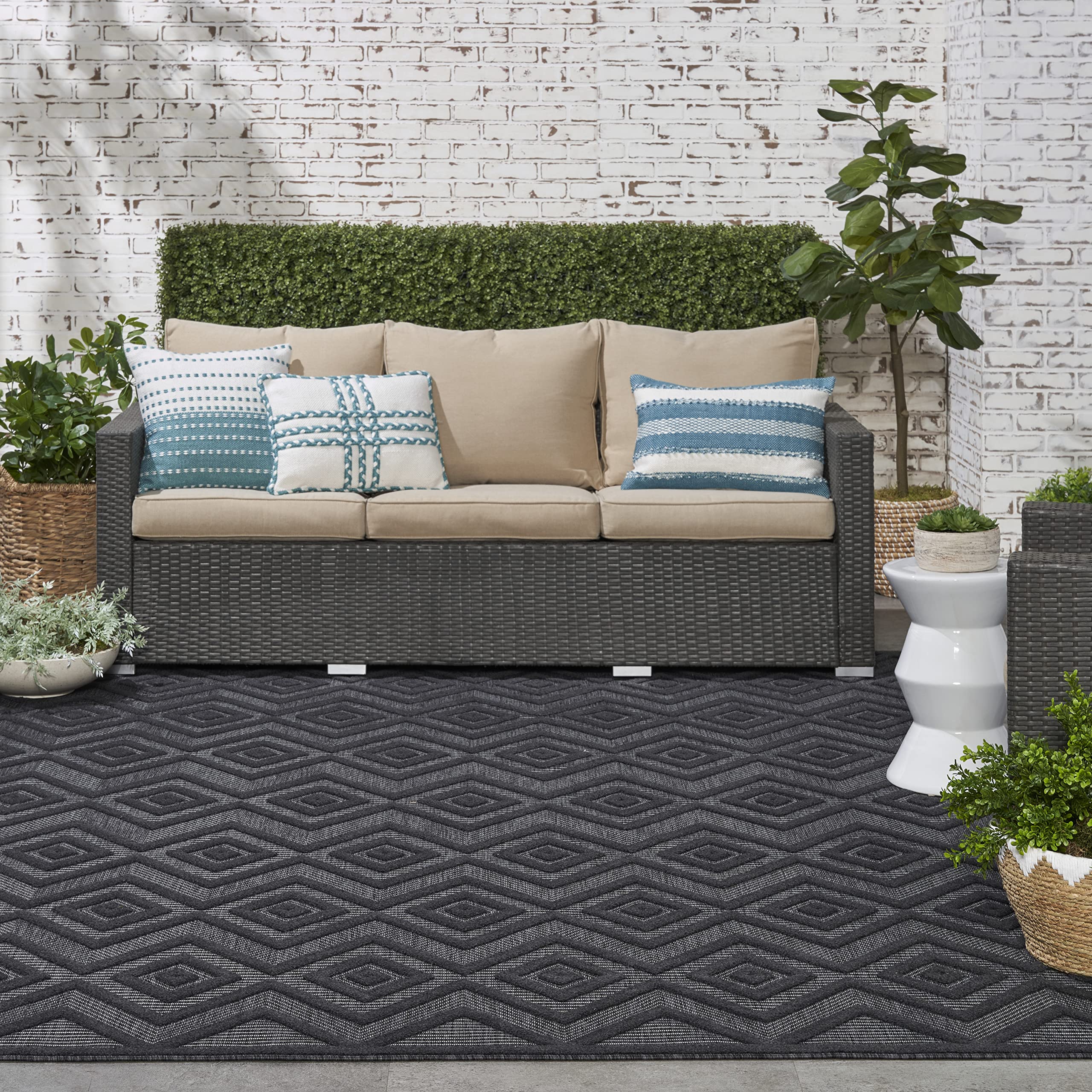 Nourison 7' x 10' Indoor/Outdoor Area Rug - Charcoal/Black, Non-Shedding & Easy to Clean - Perfect for Living Room, Bedroom, Dining Room, Deck, Patio & High Traffic Areas (7x10) - Durable & Stylish Home Decor for Year-Round Use