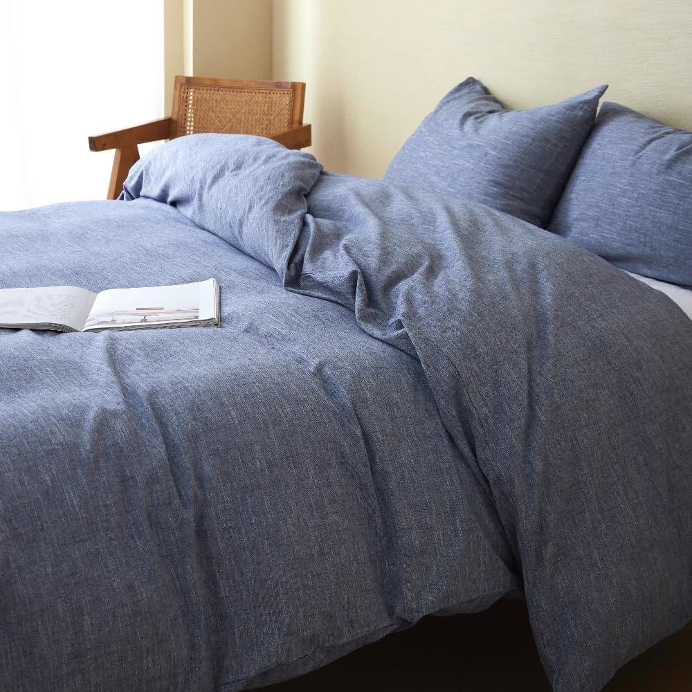 Stonewashed Cotton Linen California King Duvet Cover Set - 3-Piece Breathable Comforter Cover | Soft Skin-Friendly Bedding for Luxurious Sleep (Navy Blue) - Perfect for Master Bedrooms, Guest Rooms & Vacation Homes