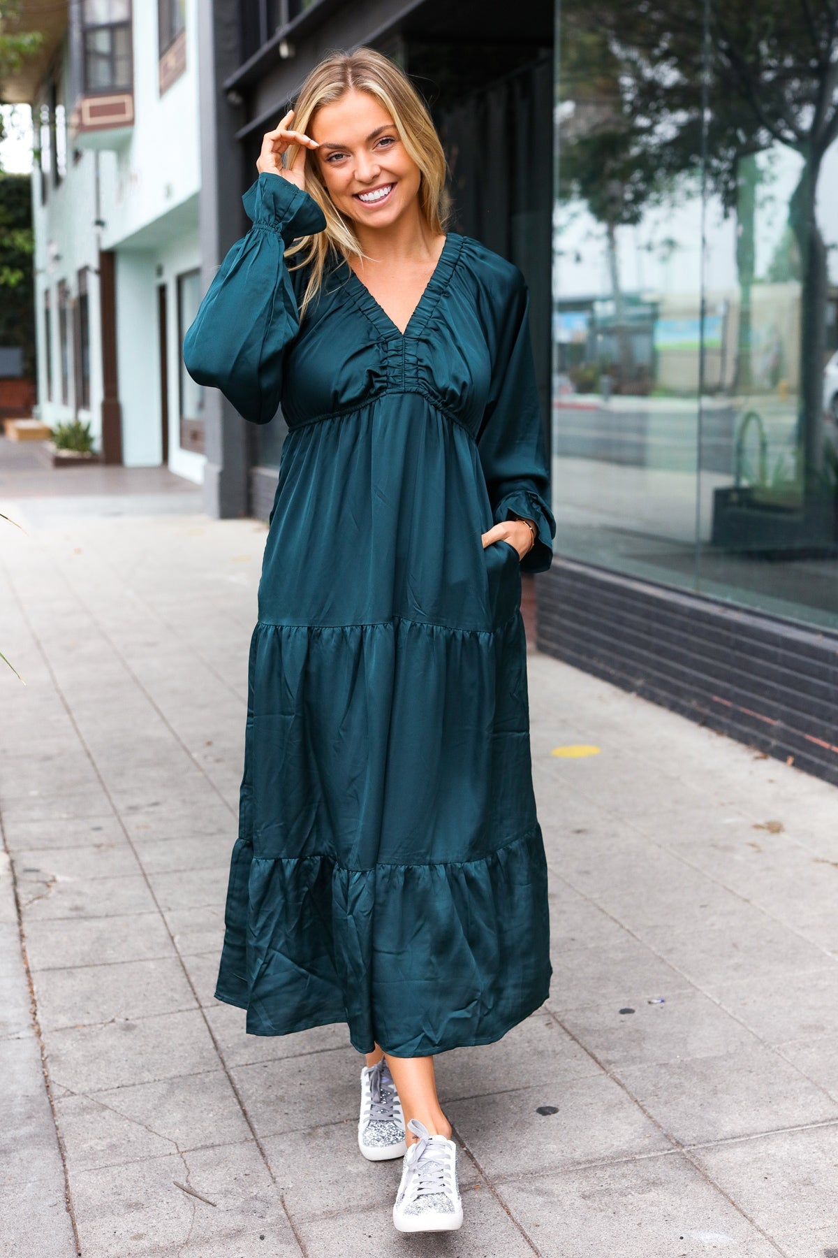 Elegant Hunter Green Elastic V-Neck Tiered Satin Maxi Dress for Women - Perfect for Weddings, Parties & Special Occasions