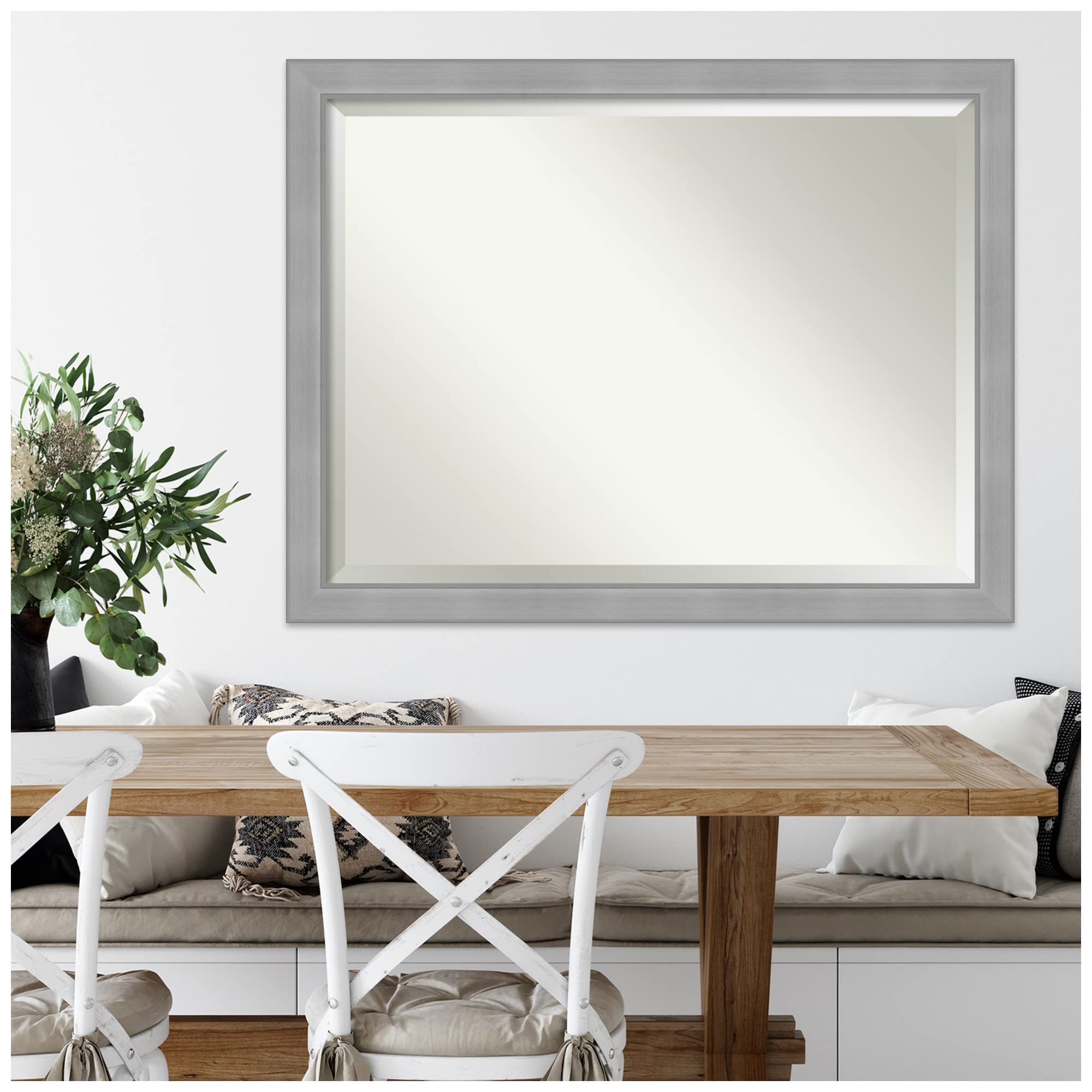 Amanti Art 34x44 Inch Silver Wall Mirror - Brushed Nickel Rectangle Bathroom & Living Room Decor - Large Casual Frame with Beveled Edge - Hangs Horizontally or Vertically - Perfect for Bathroom Vanity, Entryway & Bedroom Decor