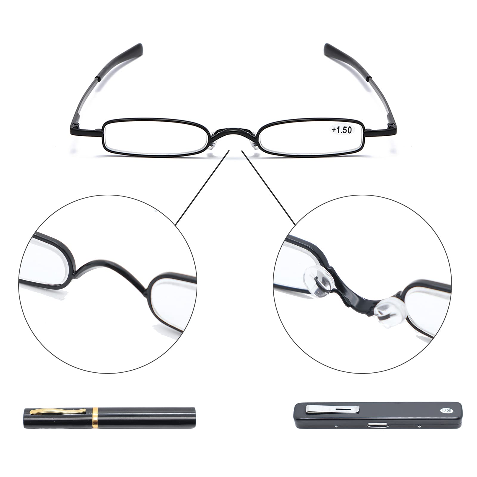 Mini Slim Pen Reading Glasses with Portable Clip Case - Small Pocket Readers for Men & Women - Perfect for Reading, Travel, and Everyday Use