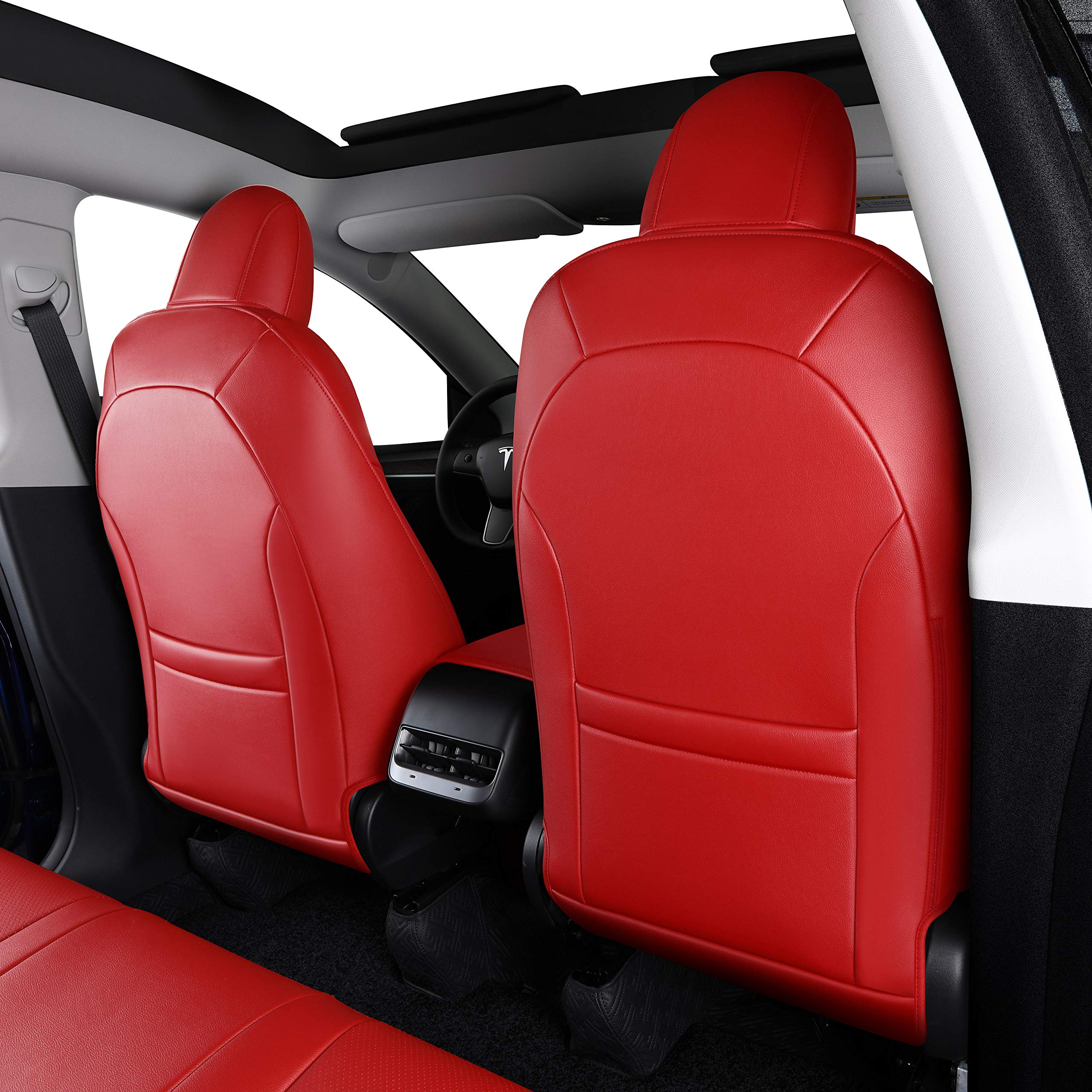 Premium Tesla Model Y Seat Covers (2020-2024) - Custom Fit 5-Seat Synthetic Leather Protectors - Lichi Red - Waterproof & Anti-Slip Car Interior Accessories for Road Trips & Daily Commute