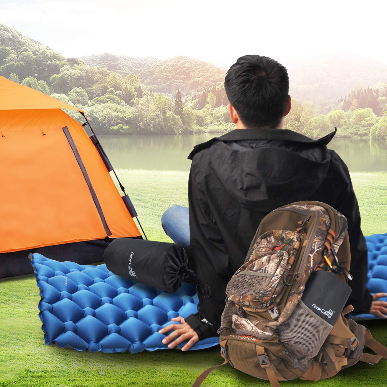 **AceCamp 2-in-1 Ultralight Inflatable Sleeping Pad with Travel Pillow - Perfect for Backpacking, Hiking & Outdoor Camping Adventures**