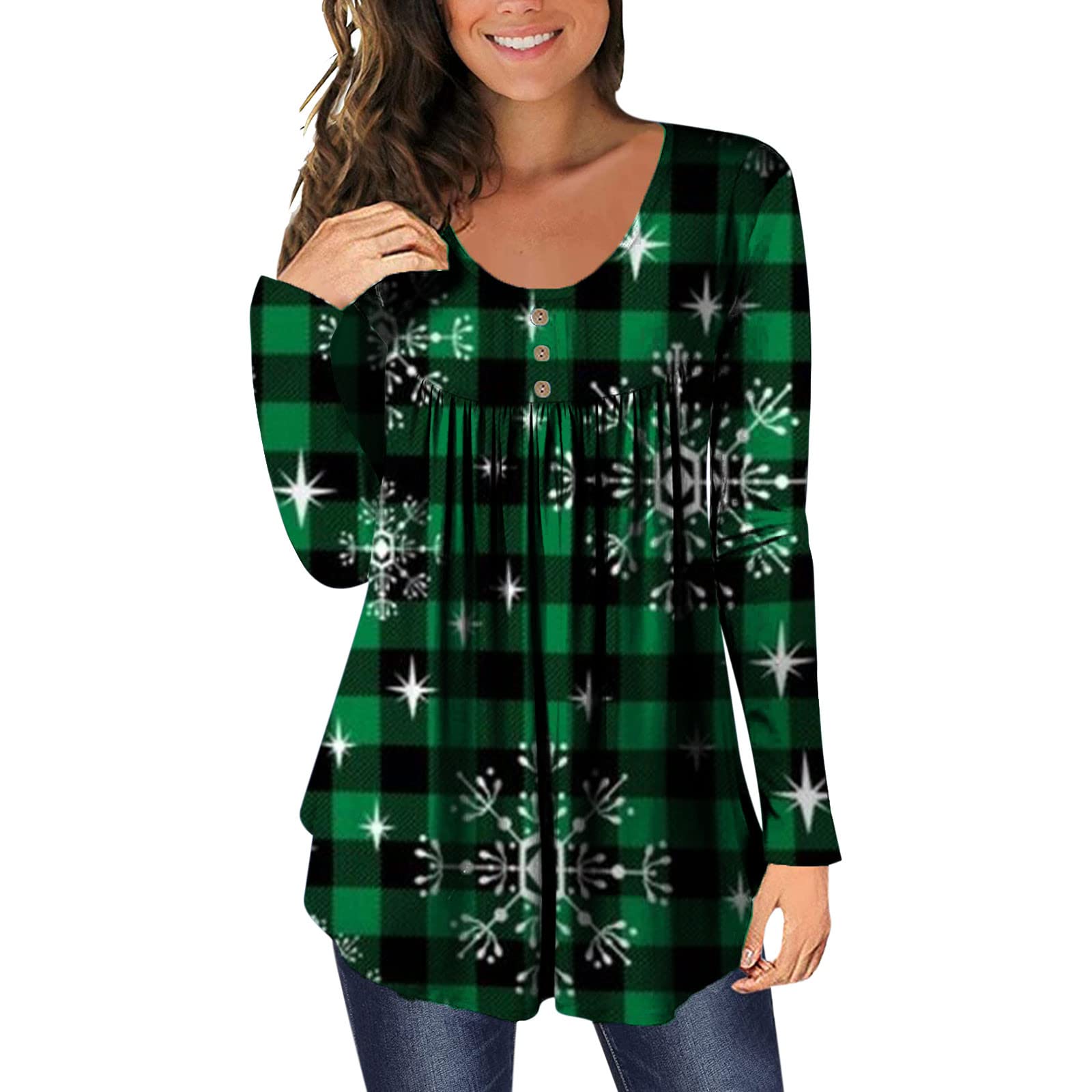 Women's Plaid Long Sleeve Button-Up Shirt with Christmas Graphic - Flowy Ruched Tunic Top for Casual Wear & Holiday Layering | Perfect for Christmas Parties, Office Outfits & Weekend Outings