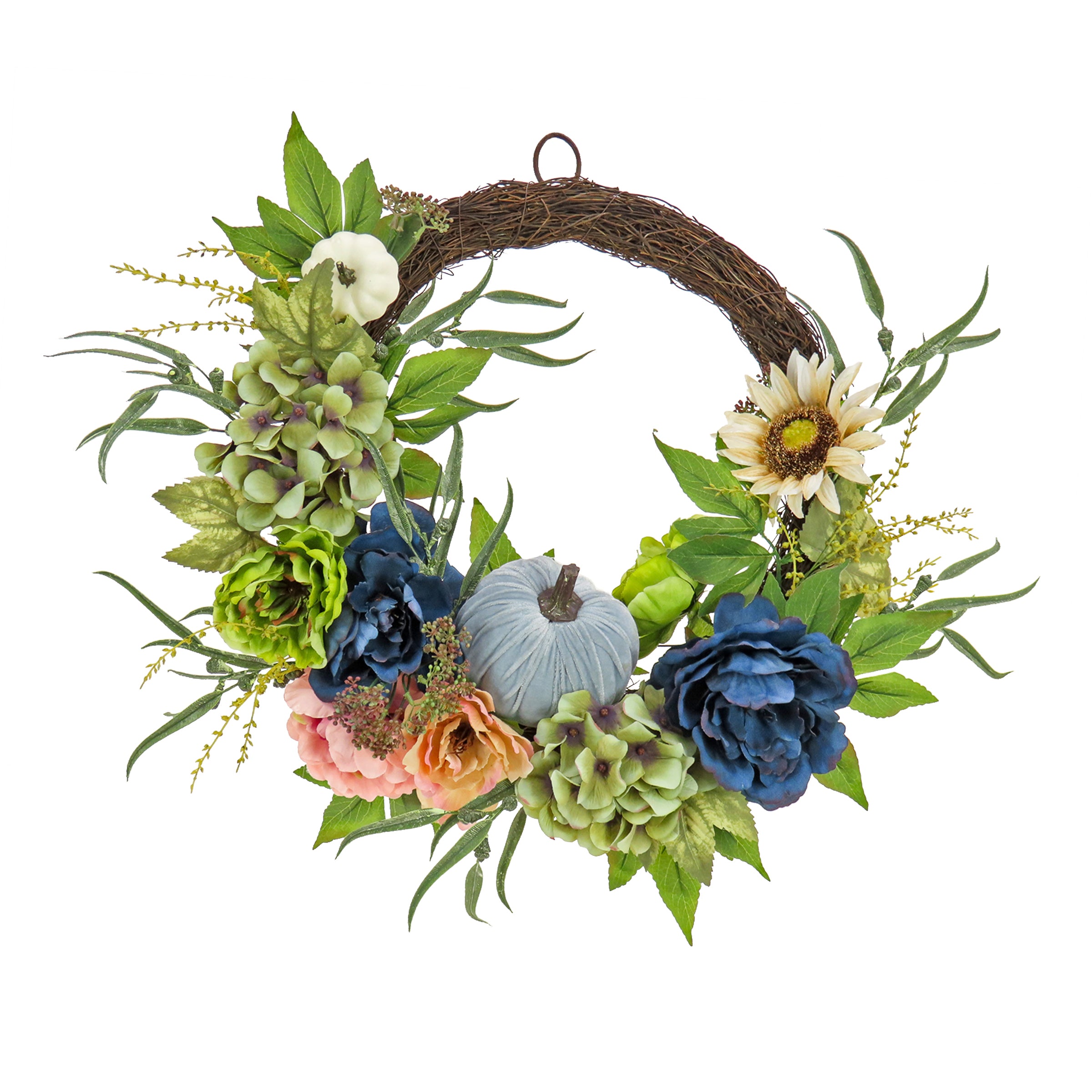 22 Inch Autumn Wreath with Mixed Foliage, Hydrangea, Peony & Pumpkin Accents - Perfect for Front Door Decor, Thanksgiving & Fall Home Decorating