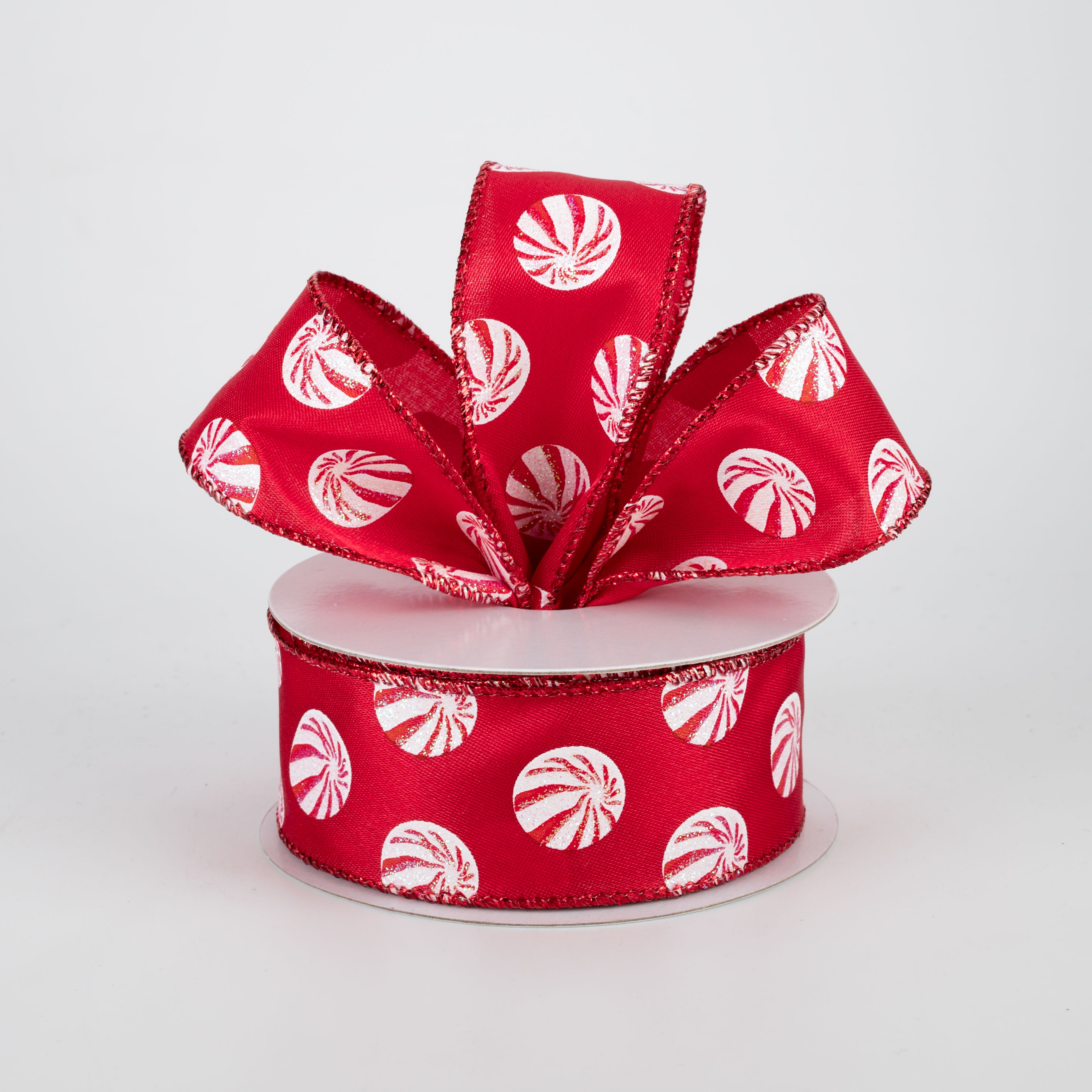 1.5 Inch Glittered Peppermint Ribbon - Red Christmas Decorative Ribbon (10 Yards) for Gift Wrapping, Tree Decorations and Holiday Crafts