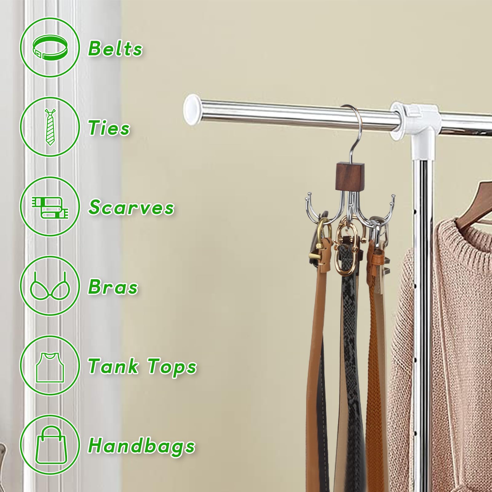Rotatable Belt Hanger for Closet - 6 Hooks Storage Organizer for Belts, Socks, Gloves & Accessories | Space-Saving Closet Organizer for Bedroom, Dorm & Entryway