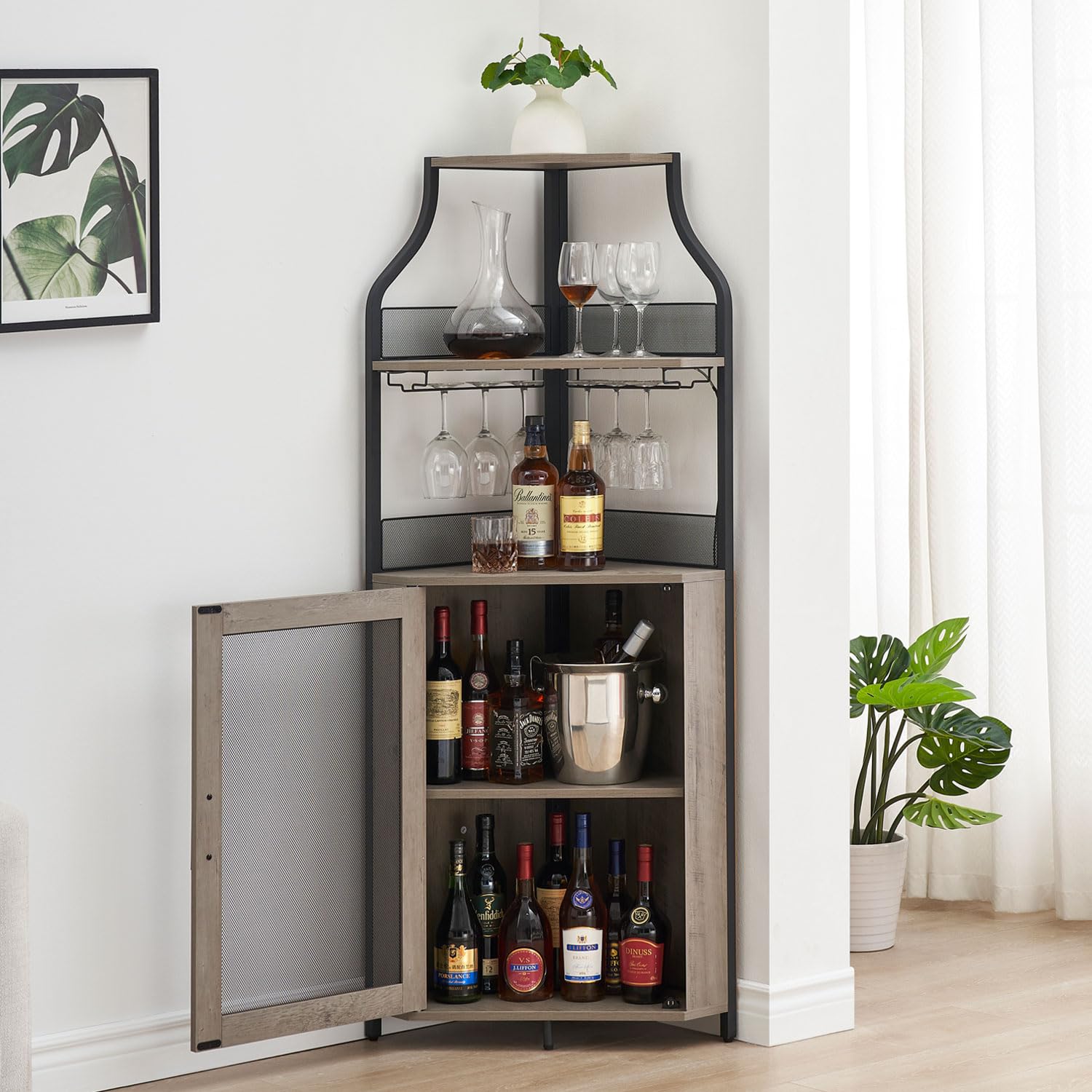 GAOMON 4-Tier Corner Wine Bar Cabinet - Large Storage Space, Removable Wine Rack, Glass Holder & Mesh Door - Grey - Perfect for Home Bar, Kitchen, Dining Room & Entertainment Spaces
