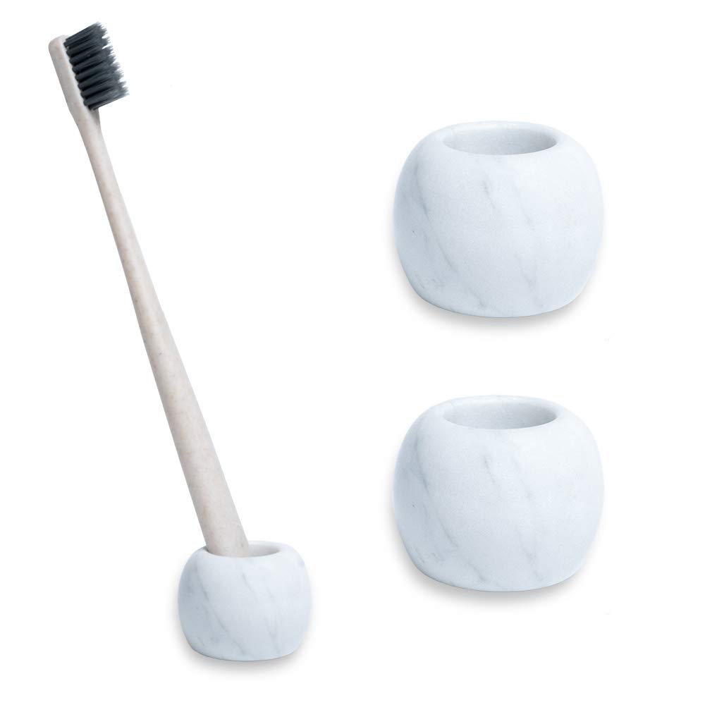 Marble Mini Toothbrush Holder Stand for Bathroom - 2 Pack Divided Toothbrush Organizer with Electric Toothbrush & Razor Storage - Countertop Bathroom Organizer for Brushes, Razors, and Oral Care Essentials