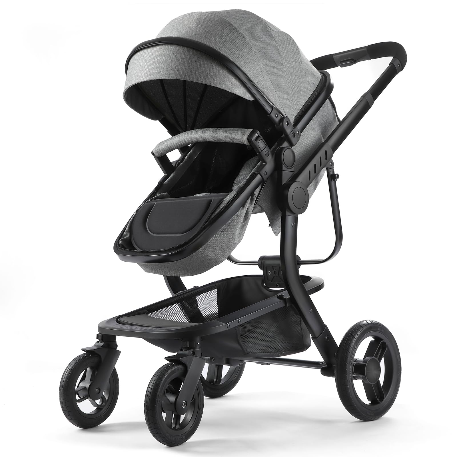 2-in-1 Convertible Baby Stroller with Aluminum Frame & Linen Fabric - Bassinet & Reversible Seat Stroller with Rubber Wheels - Foldable Infant Stroller with Adjustable Backrest & Canopy - for Newborns to 36 Months (Gray) - Perfect for Park Walks, Shopping & Travel