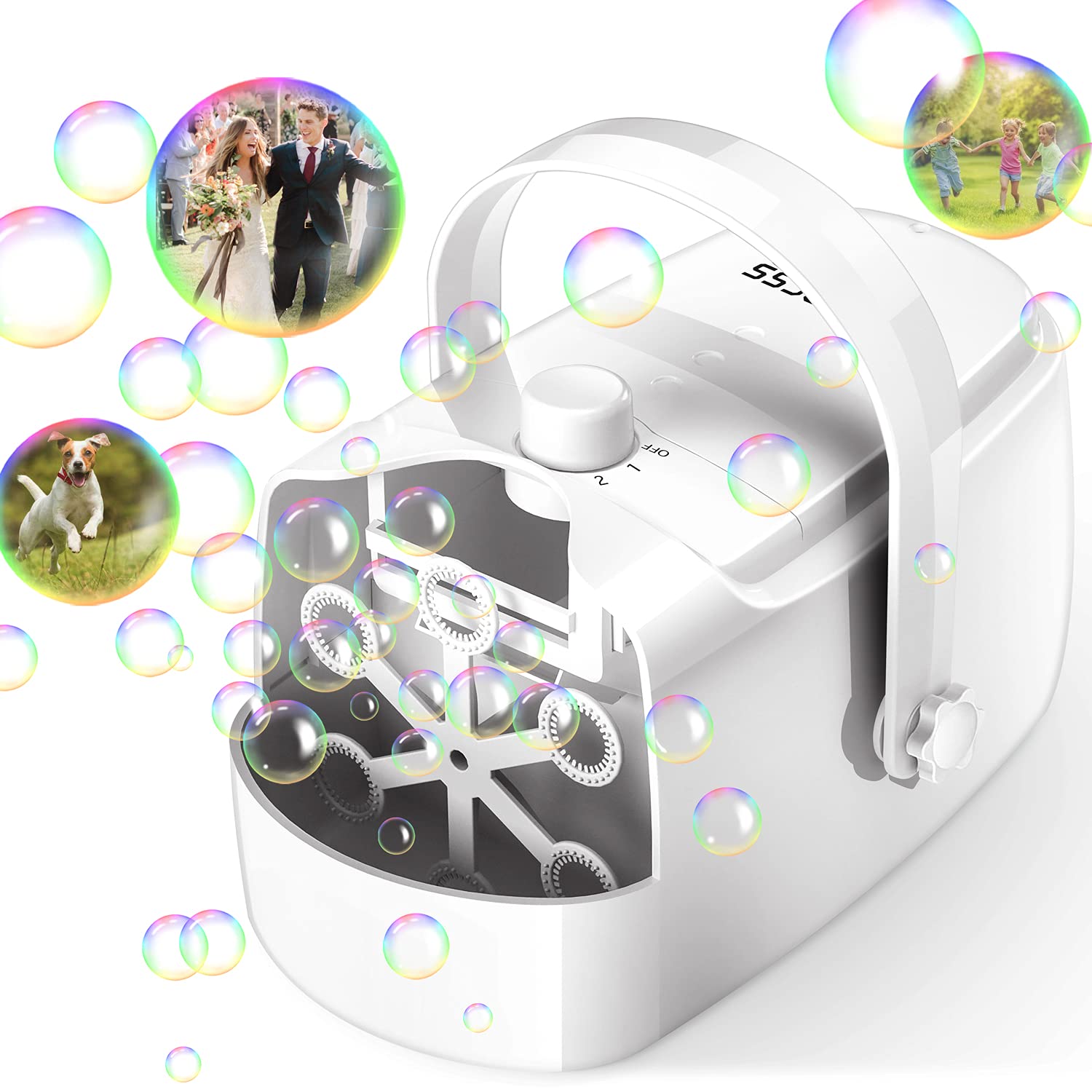 Automatic Bubble Machine for Kids - Adjustable Speed High Power Bubble Blower with Plug-in & Battery Options - Perfect for Birthday Parties, Outdoor Play, and Backyard Fun