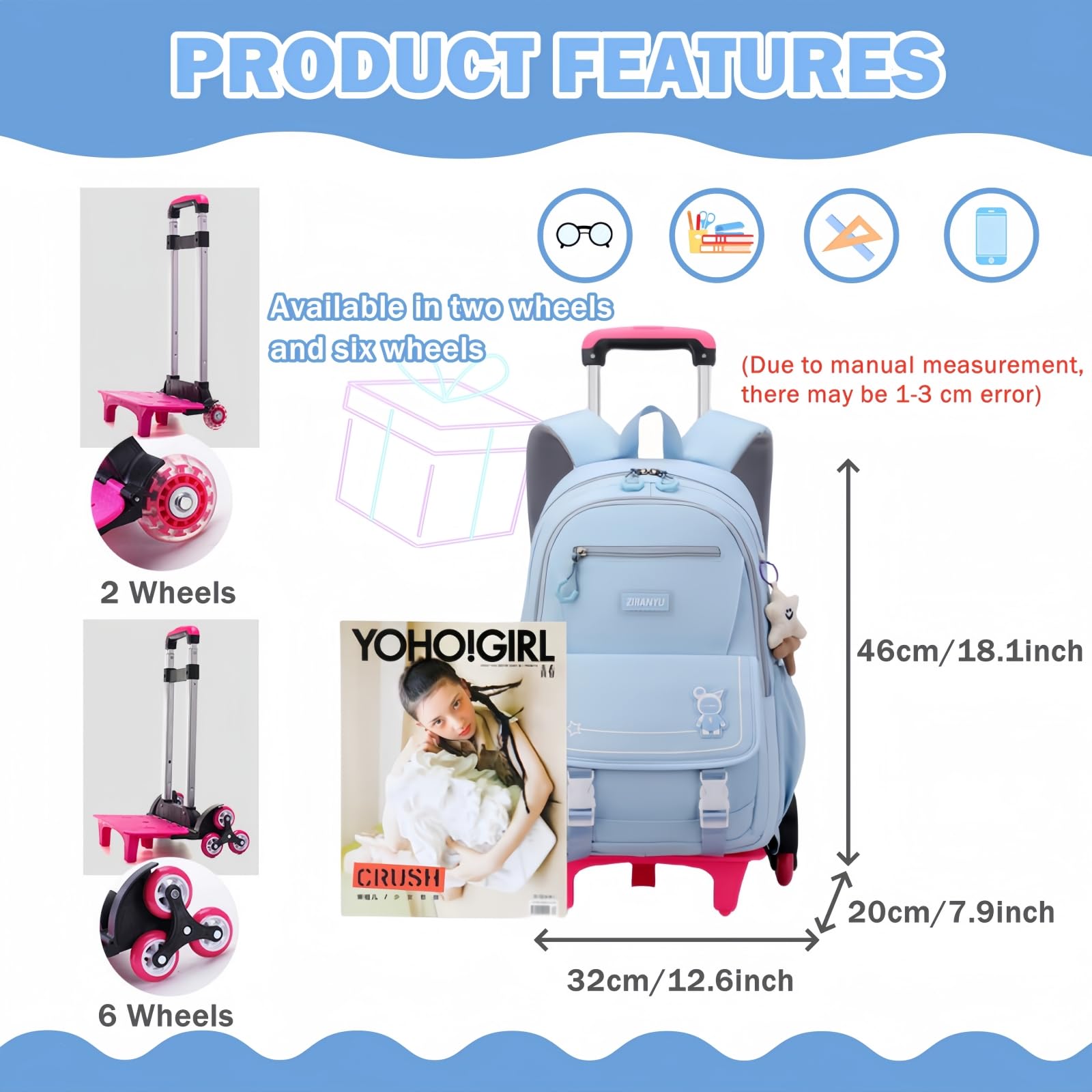 Rolling Backpack with Wheels - Kids Roller Backpack for School & Travel | Durable Trolley Backpack for Boys & Girls | Perfect for Commuting, Airports & Daily Use (Black)
