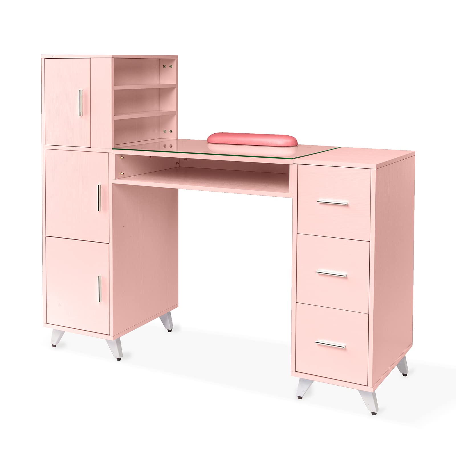 Professional Manicure Table with Glass Top & Wrist Rest - Nail Tech Station with 3 Side Cabinets, 3 Drawers & Open Storage - Acetone-Resistant Beauty Salon Furniture for Nail Art, Pedicure & Spa Treatments (Perfect for Home Salons & Professional Nail Studios)