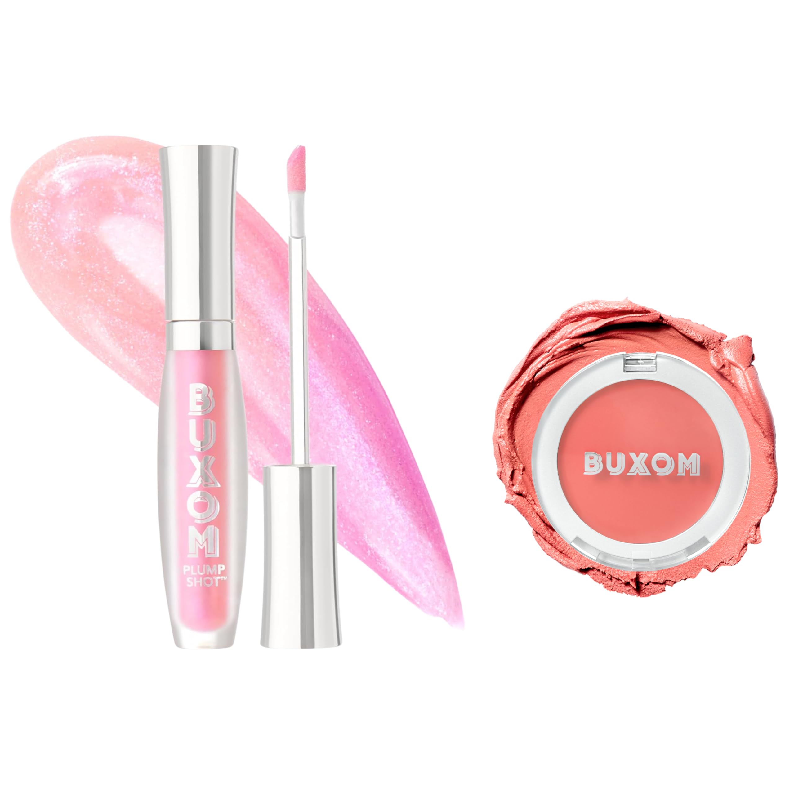 Buxom Plump Shot Collagen-Infused Lip Serum & Cream Blush Set - Spellbound Pink Multichrome Lip Plumper & Coral Sheer Cream-to-Powder Blush with Collagen Peptides | Hydrating Lip Treatment & Natural Makeup for Day & Night Looks