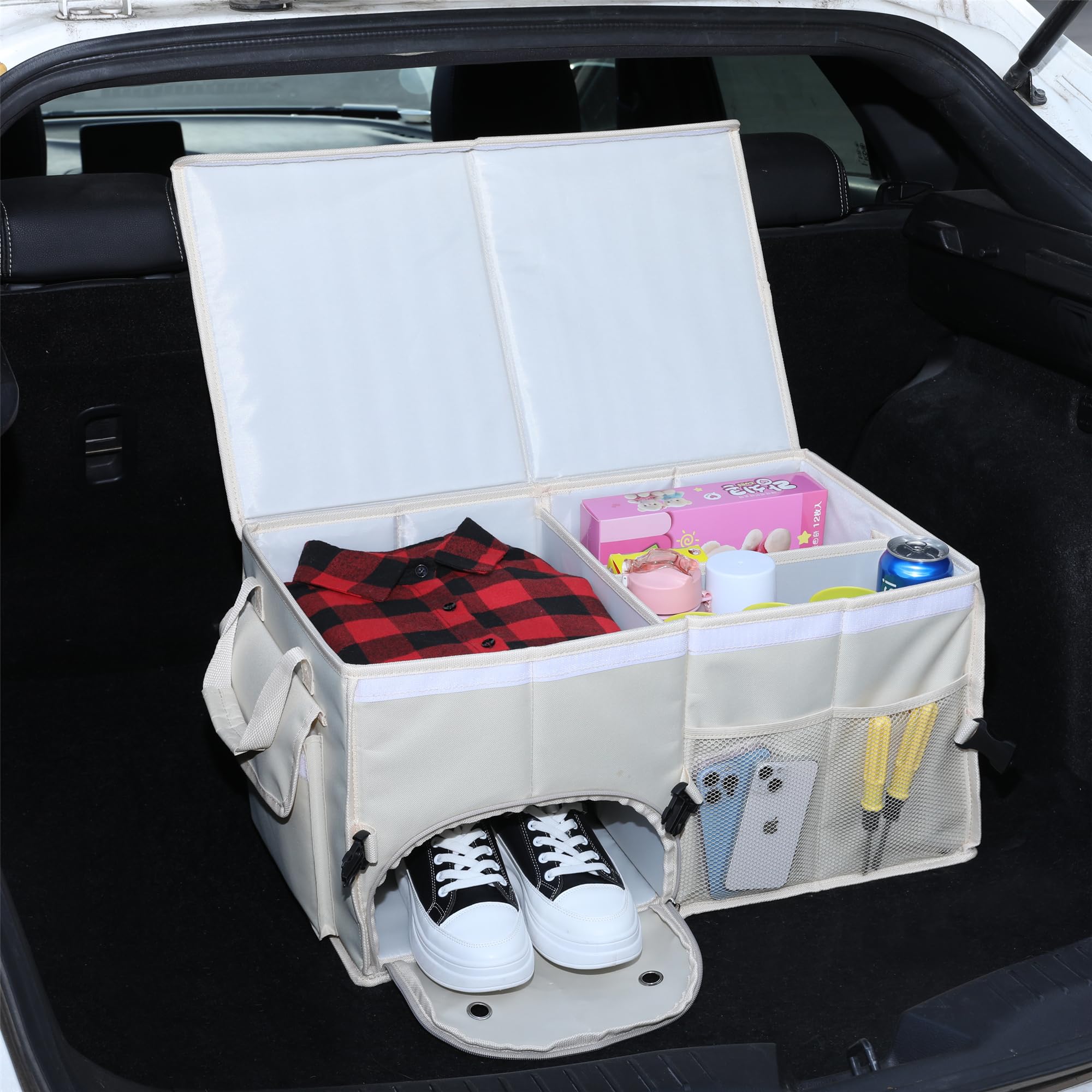 Collapsible Car Trunk Organizer with Lid & Shoe Bag - Multi-Compartment SUV Storage Organizer for Travel, Camping & Road Trips (Beige)