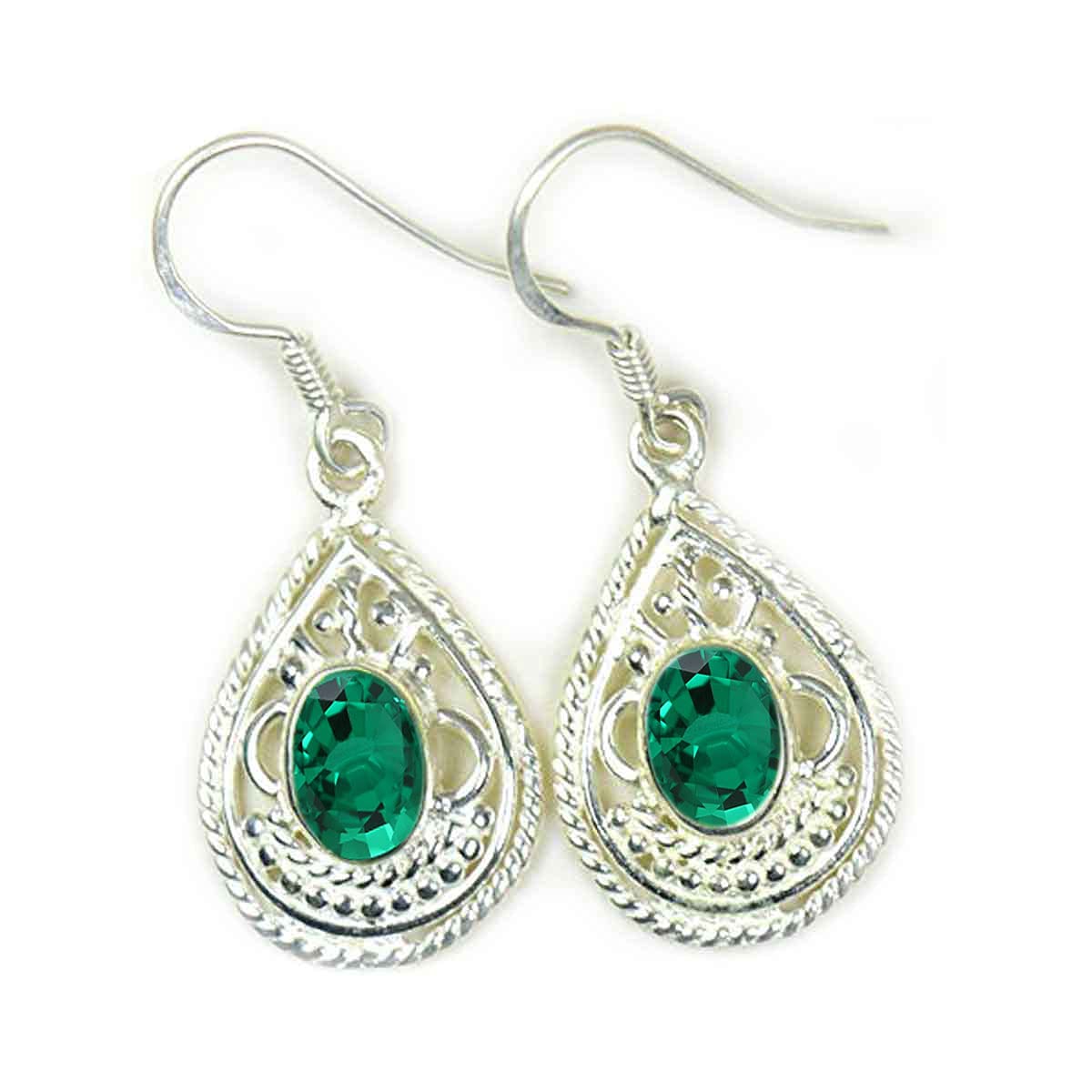 Created Emerald 925 Sterling Silver Green Dangle Earrings - Oval Shape Fish Hook Back Bezel Style Women's Jewelry for Party, Wedding & Evening Wear
