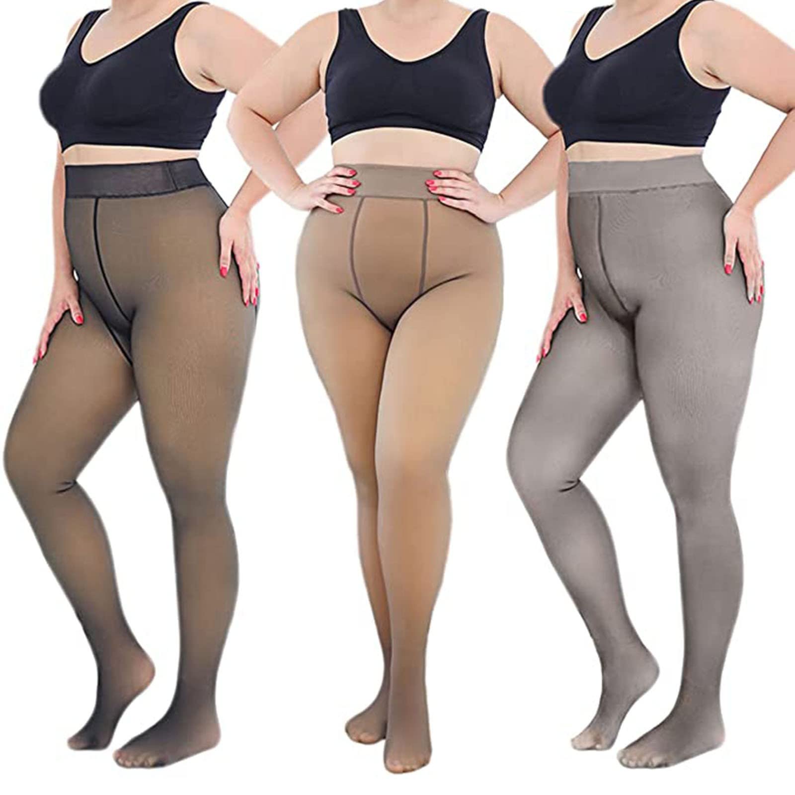 Plus Size Fleece Tights for Women - Warm & Translucent Nude (Coffee 220g) - Perfect for Winter Outfits