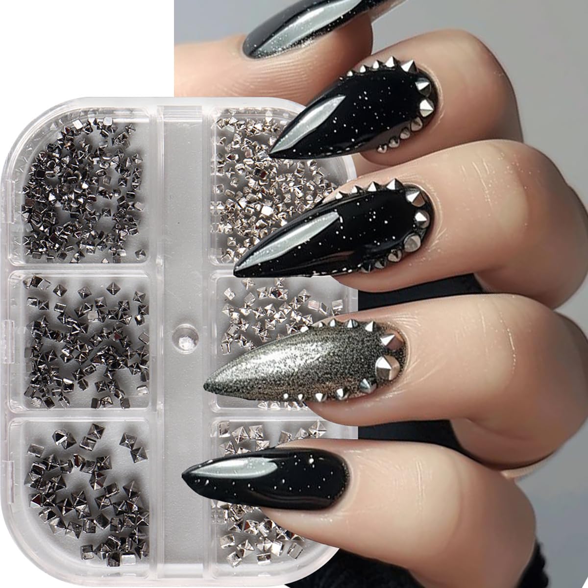 Shiny Alloy Nail Charms - Black & Silver Mixed Nail Rhinestones for Acrylic Nails | Mini Nail Art Studs & Gems for DIY Nail Decoration | Perfect for Women's Nail Art, Manicures, and Party Nail Accessories