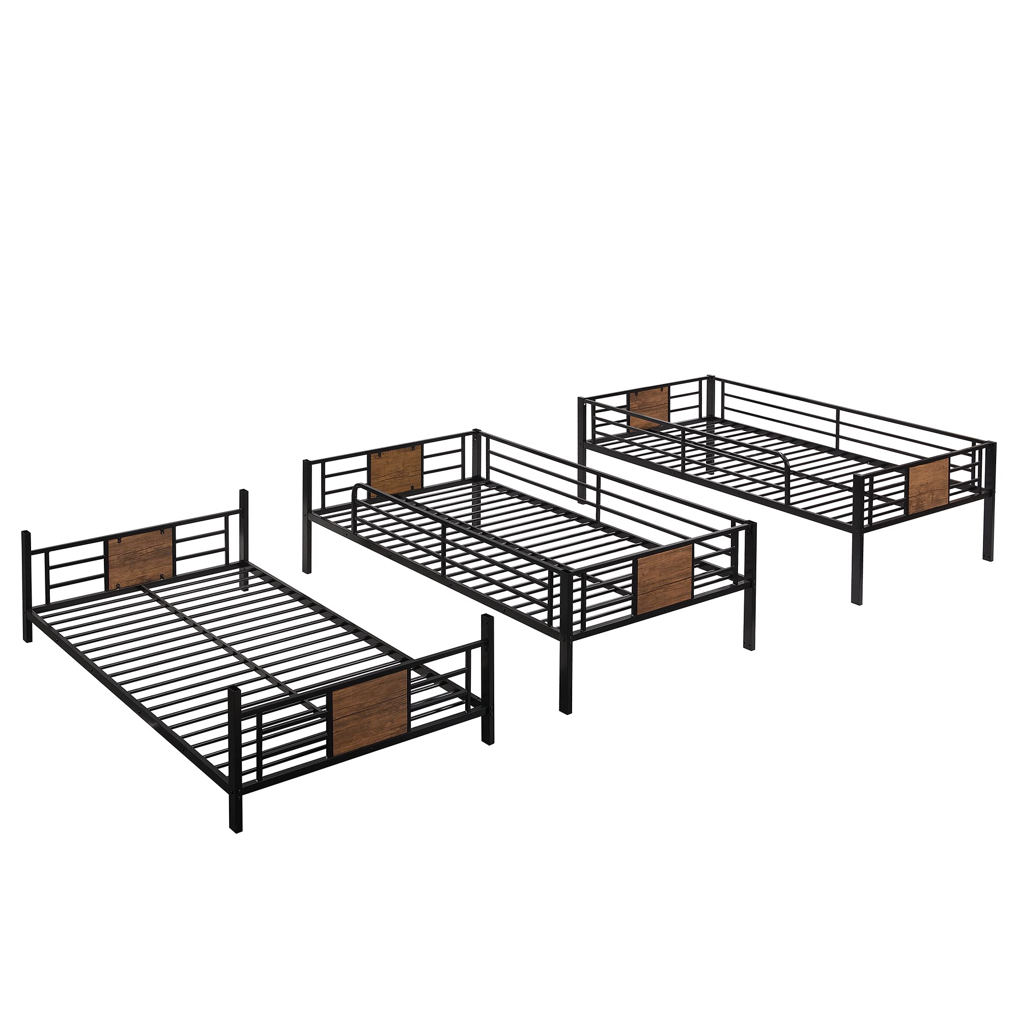 Sturdy Metal Triple Bunk Bed Frame - Twin Over Twin Over Twin with Safety Guardrails & Built-in Ladder - Space-Saving Solution for Kids & Teens (Black/Brown/Steel) - Perfect for Dorms, Hostels, and Shared Kids' Rooms