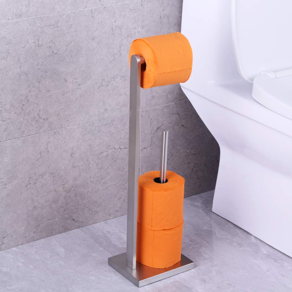 Premium GERZWY SUS 304 Stainless Steel Free Standing Toilet Paper Holder - Brushed Nickel Finish Bathroom Tissue Roll Stand for Modern Bathrooms, Powder Rooms & Guest Toilets - DZY022-LS