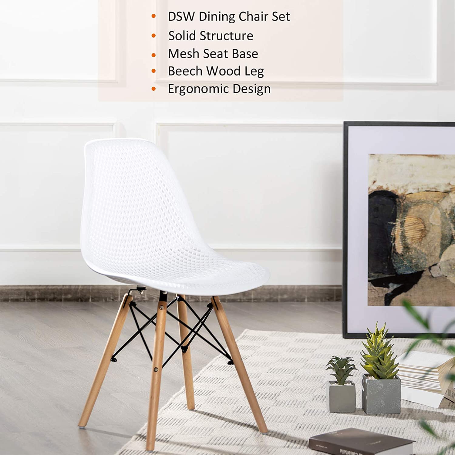 Modern Moccha Set of 4 Dining DSW Chairs with Beech Wood Legs & Mesh Design - Shell PP Lounge Side Chairs for Dining Room, Living Room, Kitchen - Perfect for Home Decor, Small Spaces & Entertaining Guests (White)