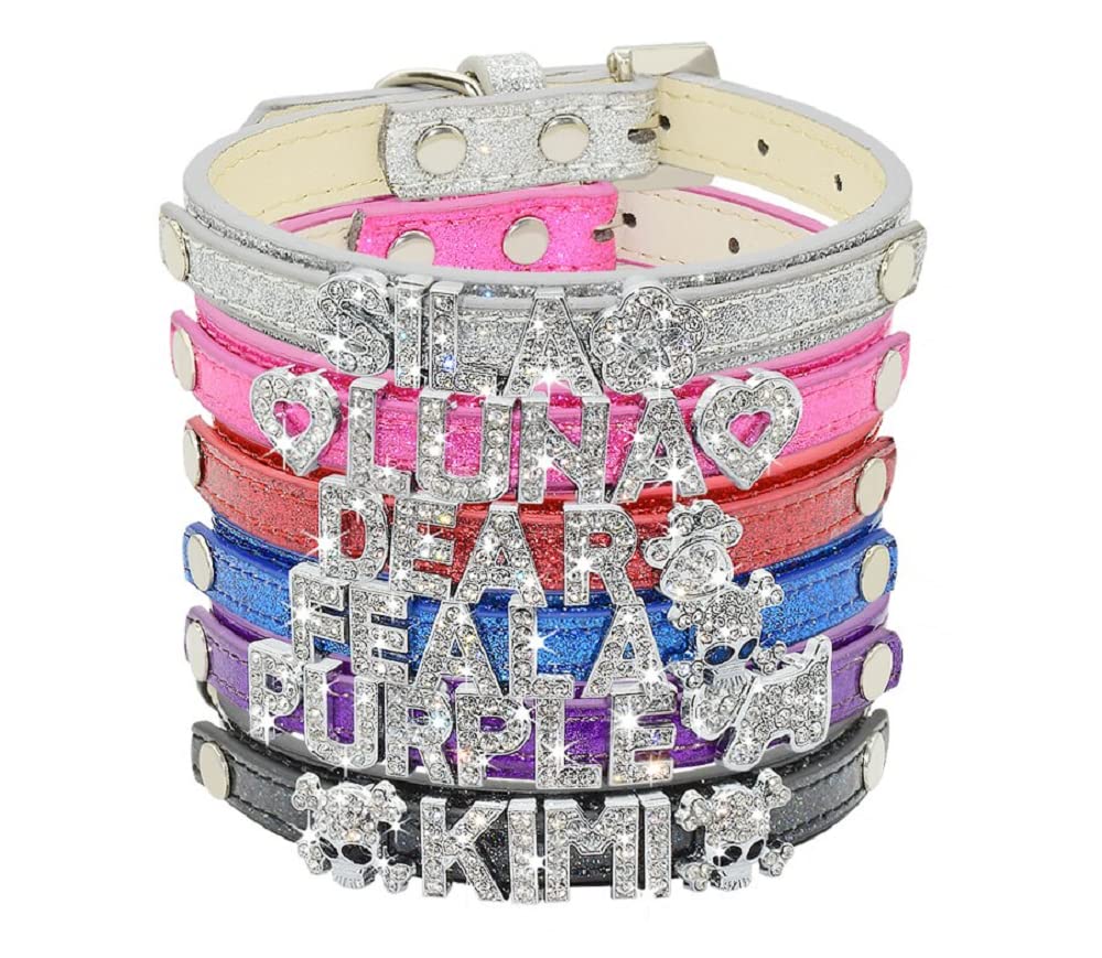 Custom Rhinestone Name Dog Collar with Diamond Charms - Adjustable Leather Pet Collar for Small Medium Large Dogs (X-Small, Black) - Perfect for Puppy Training, Daily Walks & Special Occasions