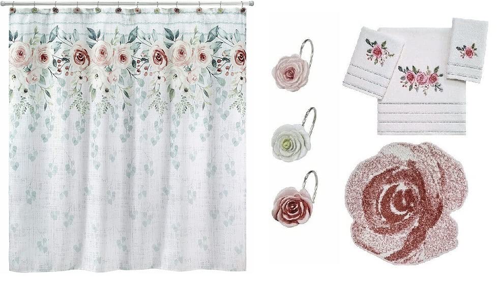 Avanti Linens Spring Garden Bathroom Set - 6 Piece Bundle with Shower Curtain, Hooks, Bath Mat, Towels (Bath, Hand & Finger Tip) | Soft Cotton Bath Accessories for Cozy Home Decor