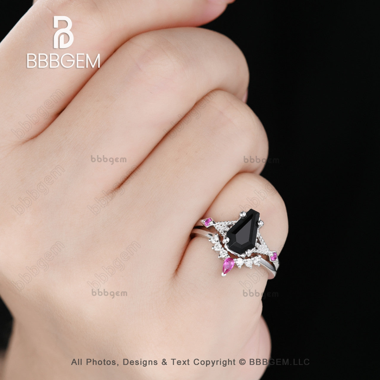 Platinum Black Spinel & Diamond Wedding Ring Set - 9x6mm Coffin Cut Onyx with Lab-Grown Ruby | Elegant Gothic Jewelry for Weddings, Anniversaries & Alternative Fashion