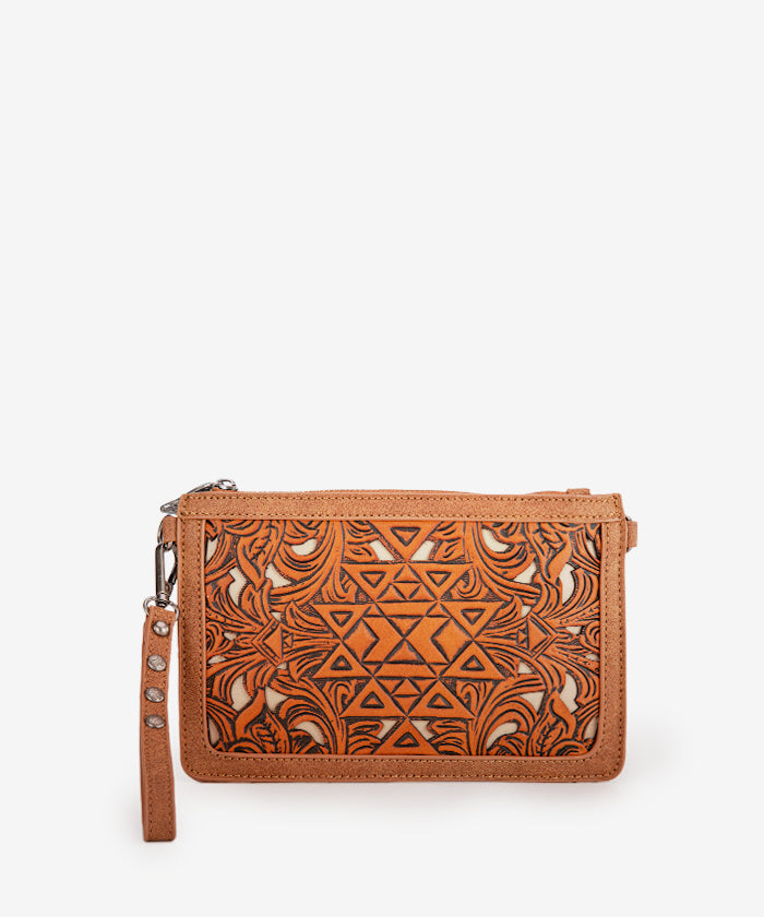 Trinity Ranch Aztec Tooled Leather Wristlet - Stylish Crossbody Wallet for Women | Perfect for Shopping, Travel & Everyday Use