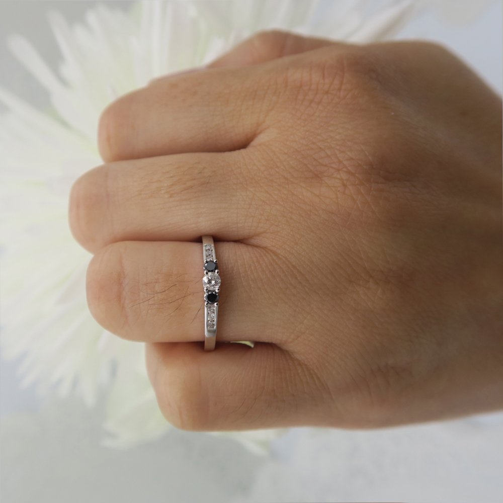 Dazzlingrock 14k White Gold 3-Stone Engagement Ring - 0.35cttw Round Black & White Diamonds for Women | Bridal Jewelry, Wedding Proposal, Anniversary Gift