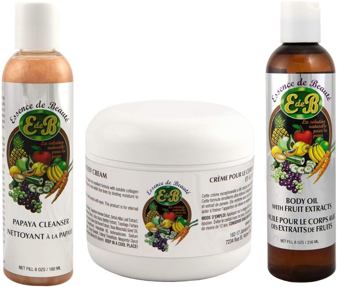 Essence de Beaute Collagen & Vitamin E Face & Body Cream Set with Nourishing Body Oil & Exfoliating Papaya Cleanser - Anti-Aging Skincare Routine for Dry & Sensitive Skin | Day & Night Use