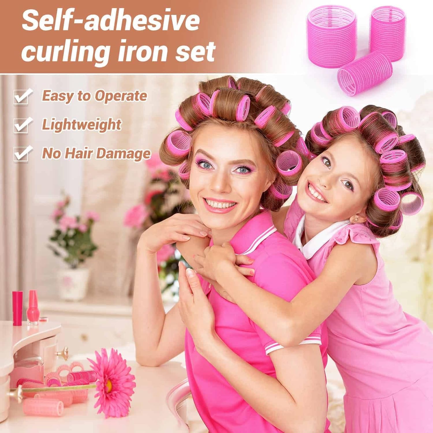 Self Grip Hair Rollers & Heatless Curlers Set - 24 Pcs (3 Sizes: 4 Jumbo, 4 Large, 4 Medium) with 12 Hair Clips for Long/Medium/Short Hair - Yellow & Pink - Perfect for Overnight Styling, Beach Waves & Salon-Quality Curls at Home
