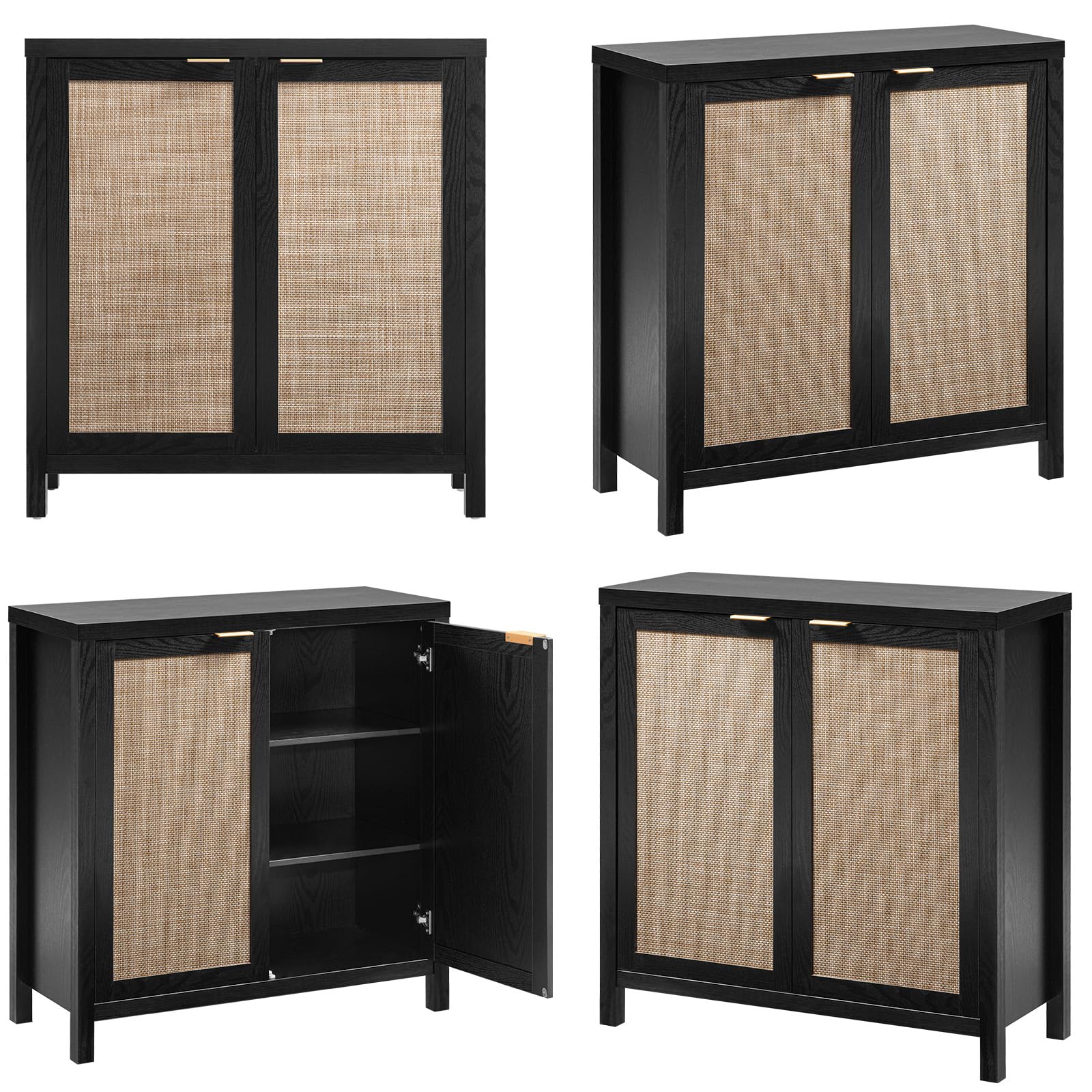 SICOTAS 2-Piece Black Boho Rattan Sideboard Buffet Cabinet with Storage - Modern Accent Coffee Bar Console for Dining Room, Living Room, Entryway & Kitchen - Perfect for Home Decor, Entertaining & Extra Storage Space