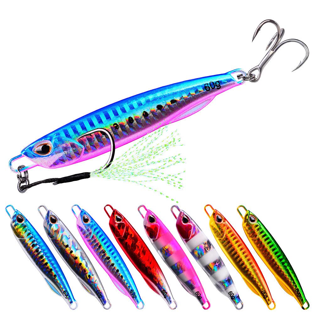 8 Pack Glow in the Dark Saltwater Fishing Lures - Metal Jigging Spoon Bass Lure Kit with Assist Hooks for Tuna, Snapper, Kingfish - Slow Pitch & Inchiku Micro Butterfly Jigs - Perfect for Night Fishing & Deep Sea Angling