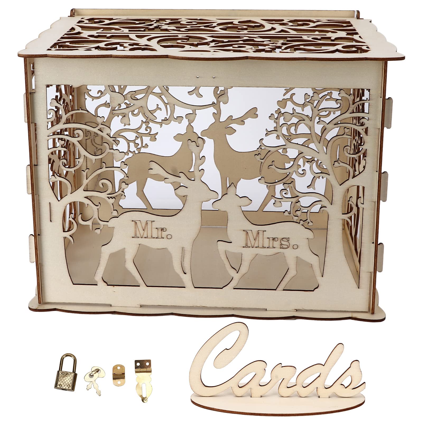 FIYO Rustic Wooden Wedding Card Box with Lock - DIY Greeting Card Holder, Money Gift Box for Reception, Anniversary & Special Events - Perfect for Couples, Deer Design & Sign Included