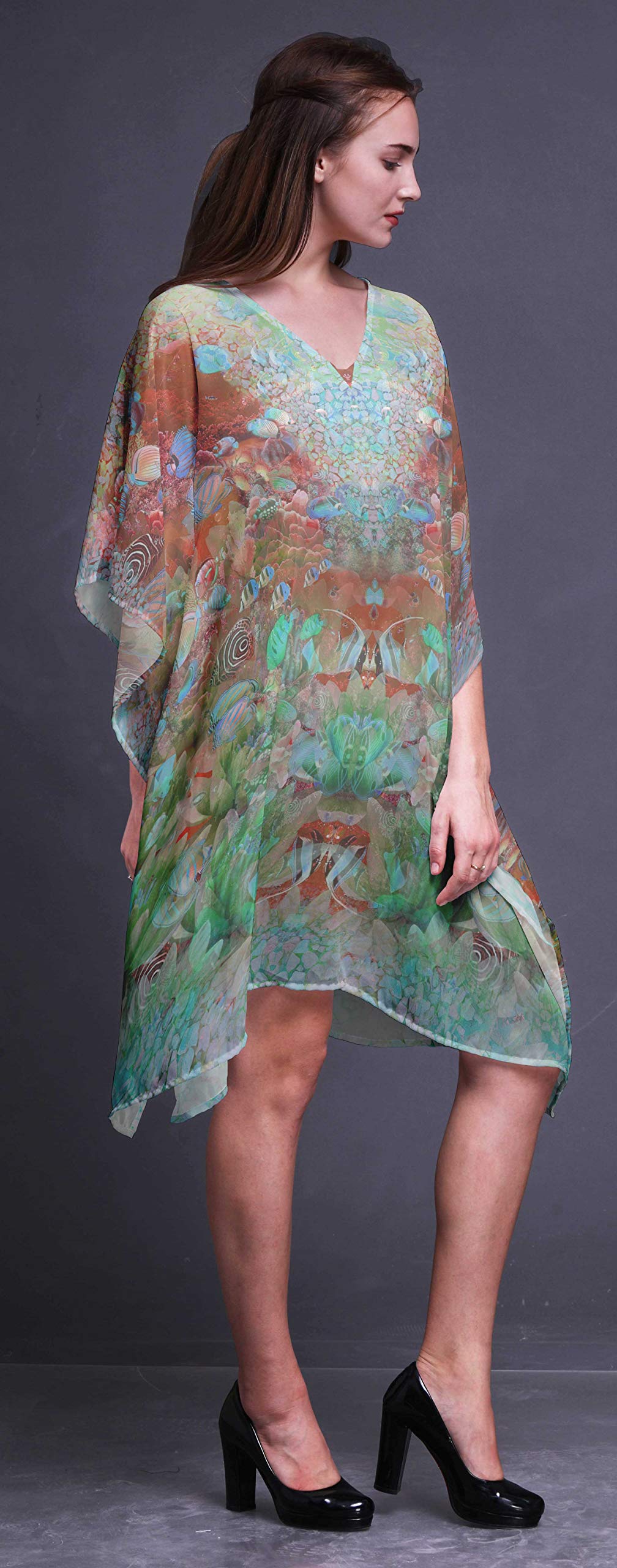 Women's Floral Short Beach Kaftan - Lightweight Bikini Cover Up Midi Dress for Summer Vacation, Pool Party & Beach Getaway