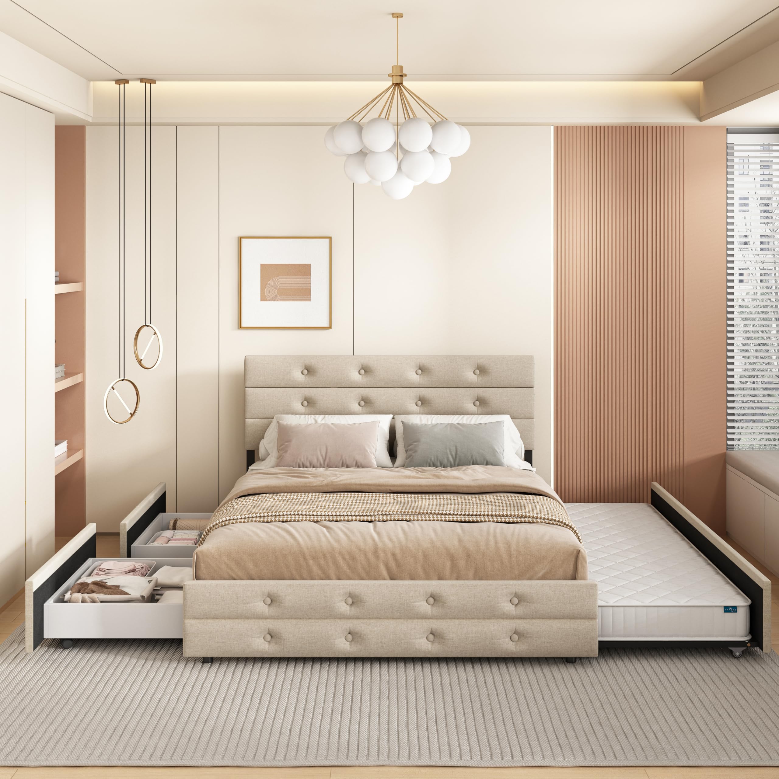 Harper & Bright Designs Queen Size Upholstered Platform Bed with Trundle & Storage Drawers - Light Beige Linen Fabric - Perfect for Small Bedrooms, Guest Rooms & Space-Saving Solutions
